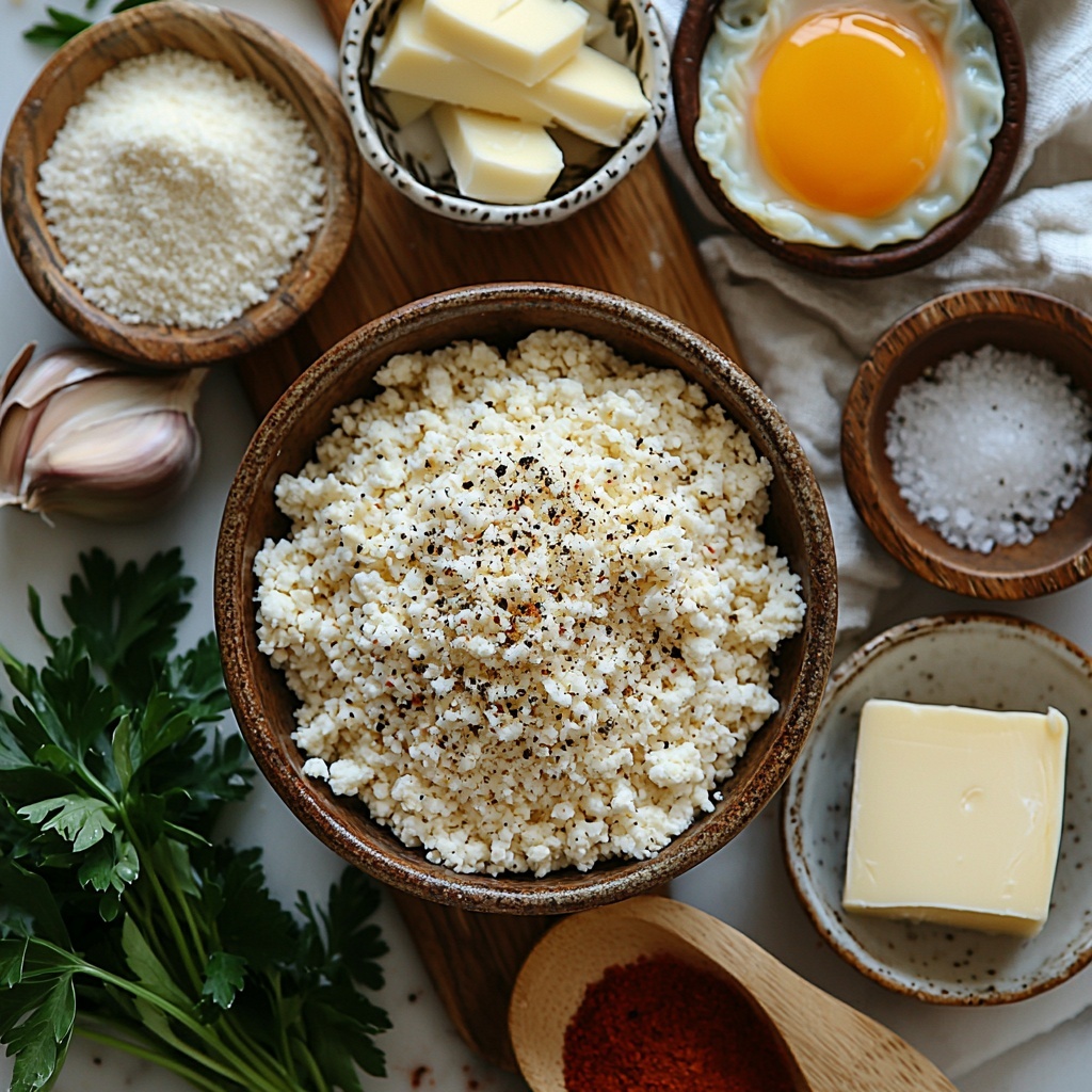 ground chicken mound in a small rustic bowl, raw egg cracked in a glass ramekin showing bright yellow yolk, small ceramic bowls of panko breadcrumbs and grated Parmesan cheese (½ cup each) with fine, flaky textures, fresh parsley sprigs with vivid green leaves scattered nearby, two garlic cloves peeled and minced on a wooden spoon, small white dish with paprika powder showing deep red color, a vintage salt cellar with coarse salt crystals, ground black peppercorns lightly spilled beside it, sticks of unsalted butter on a butter dish with smooth creamy texture, a small heap of all-purpose flour on a white linen napkin, measuring cup filled with milk reflecting soft white liquid, shredded mozzarella cheese pile with fluffy texture contrasting with grated Parmesan, pinch of nutmeg in a tiny bowl with warm brown tones, all ingredients neatly arranged on a clean white marble surface with natural light casting soft shadows, subtle rustic kitchen props like wooden spoons and a parsley bunch for organic feel, overhead shot, top down view, flat lay photography, professional food styling --ar 1:1 --q 2 --s 750 --v 6.1