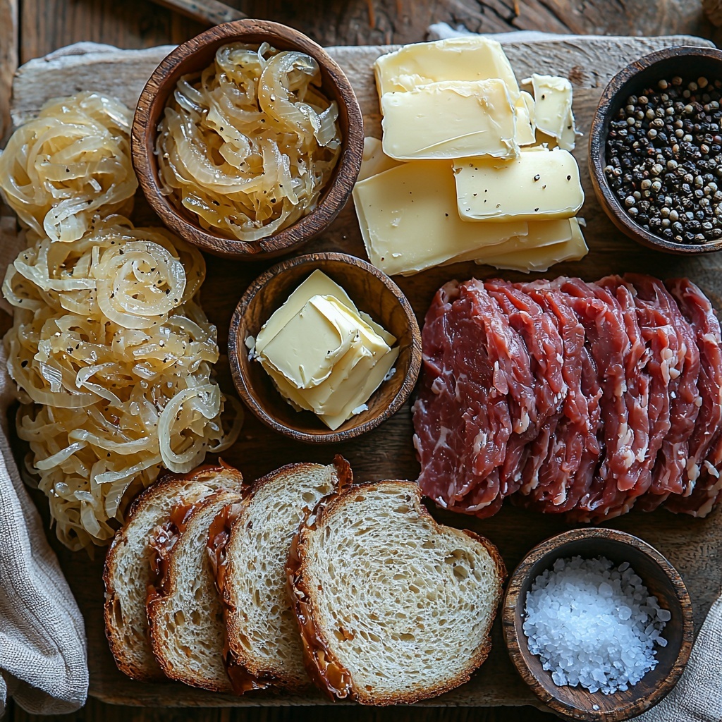 medium sliced yellow onions in a small wooden bowl, golden caramelized onions on a white ceramic plate, 2 tablespoons creamy butter on a vintage butter dish, four rustic slices of rye bread arranged fanned out with visible dark crust and dense texture, four slices of pale yellow Swiss cheese neatly stacked beside the bread, raw ground beef shaped loosely into two patties showing bright red color and coarse texture, small bowls of coarse sea salt and cracked black pepper, all ingredients spread evenly on a clean light wooden surface with soft natural lighting highlighting the warm tones and textures, subtle shadows adding depth, styled with minimal rustic props like a linen napkin and a wooden-handled knife for a cozy, inviting feel, overhead shot, top down view, flat lay photography, professional food styling --ar 1:1 --q 2 --s 750 --v 6.1