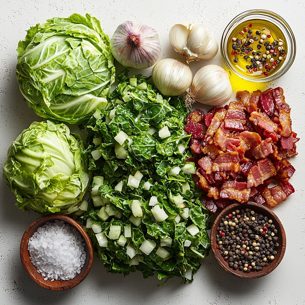 A clean white background with a neatly arranged flat lay of fresh St. Patrick’s Day sautéed cabbage ingredients: a medium head of vibrant green cabbage, roughly chopped with visible leafy textures; four crispy golden-brown bacon slices, chopped into small pieces showing their savory, crunchy edges; one medium onion, thinly sliced into semi-translucent rings with a slightly glossy surface; two cloves of garlic, finely minced, their creamy white color contrasting with the other ingredients; a small glass bowl of golden olive oil catching light to reveal its rich sheen; scattered coarse salt crystals and freshly cracked black peppercorns for an artisanal touch. The ingredients are spaced evenly with natural shadows to highlight their colors and textures against the white surface. Subtle props include a rustic wooden spoon and a light linen napkin folded softly to the side, adding warmth and depth without overwhelming the frame. The overall composition is bright, fresh, and inviting, emphasizing the rustic, wholesome nature of the dish. overhead shot, top down view, flat lay photography, professional food styling --ar 1:1 --q 2 --s 750 --v 6.1