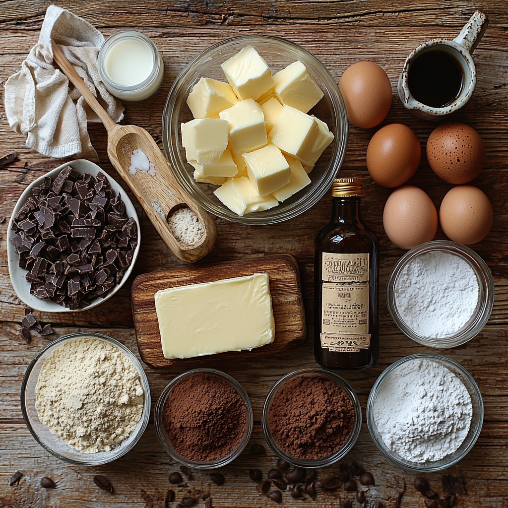 A flat lay of the main ingredients for a glazed chocolate doughnut cake arranged neatly on a clean, light wooden surface. Include a stick of unsalted butter slightly softened, granulated white sugar in a small glass bowl, three large brown eggs, and a small bottle of vanilla extract with a golden cap. Next to them, a white bowl holding creamy sour cream, a small clear glass of whole milk, and a dark cup of brewed coffee with visible steam. Nearby, a sifter filled with pale all-purpose flour, a heap of rich dark brown unsweetened cocoa powder with fine texture, and small piles of baking powder, baking soda, and salt on white ceramic spoons. For the glaze ingredients, display a bowl of powdered sugar with delicate powder texture, a few tablespoons of whole milk poured into a small glass measuring cup, and a pinch of salt on a tiny spoon. Arrange everything with balanced spacing, capturing the contrast between the warm brown tones of the cocoa and coffee and the creamy whites and yellows of the butter, eggs, and dairy. Soft natural light enhances textures and subtle shadows, evoking a fresh, inviting kitchen atmosphere. Include small vintage measuring spoons, a wooden spoon, and a light linen napkin for added styling interest. overhead shot, top down view, flat lay photography, professional food styling --ar 1:1 --q 2 --s 750 --v 6.1