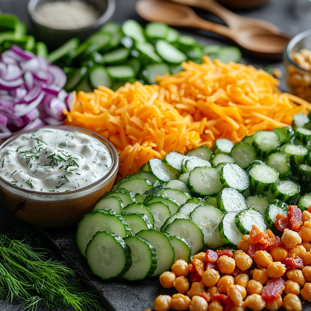 English cucumbers sliced into thin rounds and half-moons, bright green with glossy skin; a small bowl of creamy, yogurt-based ranch dressing with a smooth texture; shredded sharp cheddar cheese piled loosely with vibrant orange-yellow strands; crispy bacon pieces with rich reddish-brown color and crinkled texture scattered beside a small bowl of crispy chickpeas as a vegetarian alternative; fresh green onions chopped into small rings, bright and vivid; diced bell peppers in a mix of red and yellow, glossy and fresh; sprigs of fresh dill and parsley with feathery, deep green leaves placed artfully; all ingredients arranged neatly on a clean, white textured surface with soft natural light casting gentle shadows, a few rustic wooden spoons and a linen napkin in muted earth tones adding warm accents, kitchen scissors and a small glass bowl subtly placed for context, emphasizing fresh colors and crisp textures, styled with balanced spacing and minimal clutter for a fresh, inviting look — overhead shot, top down view, flat lay photography, professional food styling --ar 1:1 --q 2 --s 750 --v 6.1
