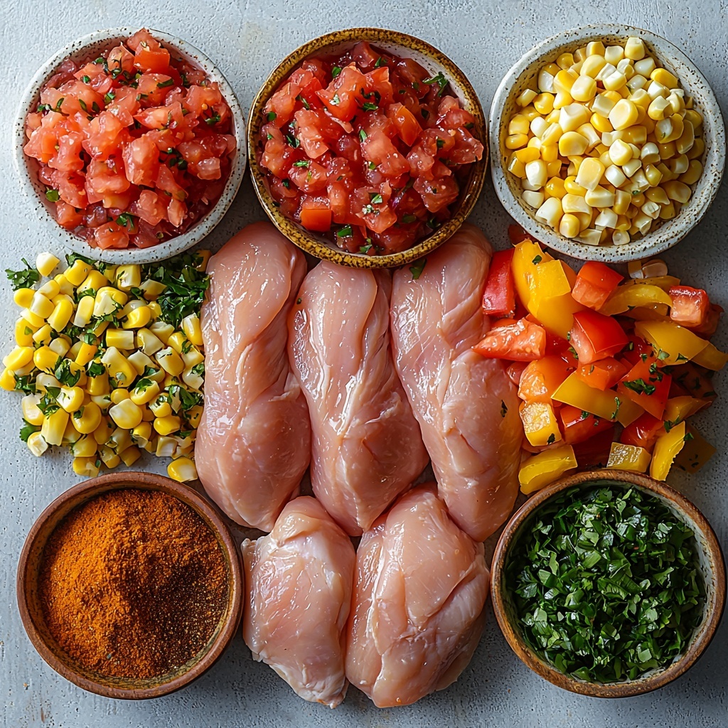 A clean, bright surface featuring the main ingredients for Fiesta Chicken neatly arranged in a flat lay composition: two raw chicken breasts with a smooth, pale pink texture positioned centrally; a small bowl of vibrant red salsa with visible tomato chunks; a cup of multicolored chopped bell peppers showcasing reds, yellows, and greens; a cup of finely chopped white onions with a slightly translucent, crisp appearance; a bowl of shiny black beans, wet and glossy; a small heap of golden yellow corn kernels, fresh and plump; scattered around are rustic spice piles of warm brown cumin powder, deep red chili powder, and fine pale beige garlic powder; a small pinch of coarse salt and cracked black peppercorns arranged artfully; optionally, a neat mound of shredded cheddar and Monterey Jack cheese with a creamy, slightly crumbly texture; soft natural lighting enhances the vivid colors and varied textures; minimalist styling with subtle shadows, white ceramic bowls, and wooden spoons on the side to add warmth; clean, uncluttered background emphasizing freshness and inviting home cooking. overhead shot, top down view, flat lay photography, professional food styling --ar 1:1 --q 2 --s 750 --v 6.1