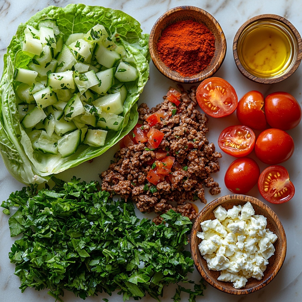 A vibrant flat lay of Mediterranean ground beef lettuce wrap ingredients arranged neatly on a clean, white marble surface. Separate fresh green butter lettuce leaves fanned out on one side, showcasing their crisp texture and light veins. Next to them, a small mound of rich, browned ground beef with visible flecks of sautéed finely chopped onions and garlic. A small rustic bowl of glossy olive oil with a golden hue placed nearby. Fresh cherry tomatoes diced into bright red juicy cubes scattered artistically around. A tiny pile of crumbled feta cheese with its soft, crumbly white texture. A small heap of finely chopped fresh parsley, vivid green and fresh. Tiny wooden spoons holding ground cumin, paprika with their warm orange-red and brown colors, and dried oregano with speckled green leaves. A halved lemon showing juicy bright yellow flesh and a drizzle of lemon juice on the surface. The ingredients are spaced evenly with intentional gaps to highlight their individual colors and textures, styled with natural light casting soft shadows to enhance the freshness and vibrancy. Overhead shot, top down view, flat lay photography, professional food styling --ar 1:1 --q 2 --s 750 --v 6.1