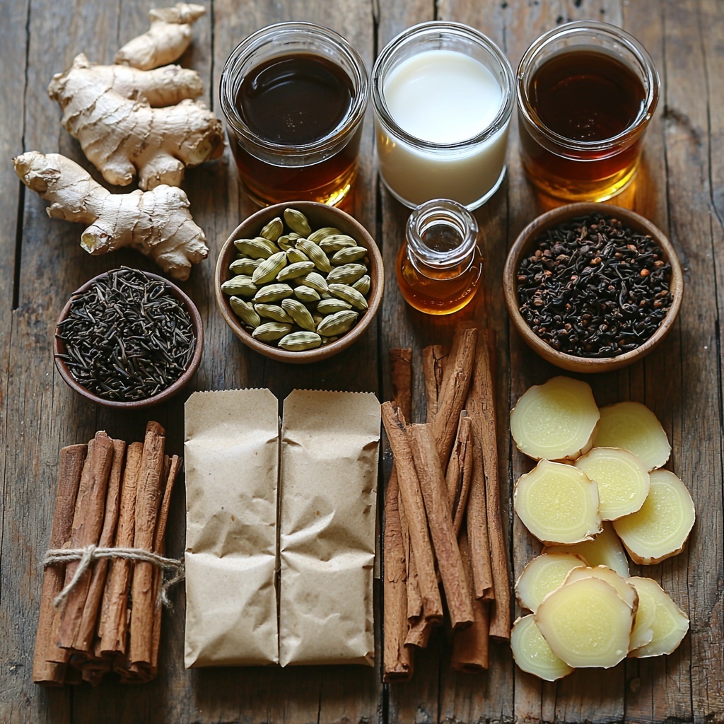A clean, bright wooden surface with a neatly arranged flat lay of spiced vanilla chai ingredients: two black tea bags (Assam/Darjeeling) with rich dark brown color and textured paper tags; a small pile of crushed greenish-brown cardamom pods showing seeds inside; one to two smooth cinnamon sticks with warm reddish-brown hues stacked parallel; thin, fresh ginger slices displaying pale yellow flesh and fibrous texture; a small glass bowl of golden amber honey catching the light with slightly sticky shine; a small white ceramic cup filled with creamy whole milk or a smooth alternative like oat or almond milk, softly reflecting light; a tiny clear glass bottle or vial filled with pure vanilla extract, dark brown liquid inside; a clear glass carafe or cup with two cups of filtered water, crystal clear and sparkling; all ingredients spaced evenly with natural light casting soft shadows to highlight textures and colors, minimal props, natural linen napkin folded gently at one corner, overhead shot, top down view, flat lay photography, professional food styling --ar 1:1 --q 2 --s 750 --v 6.1