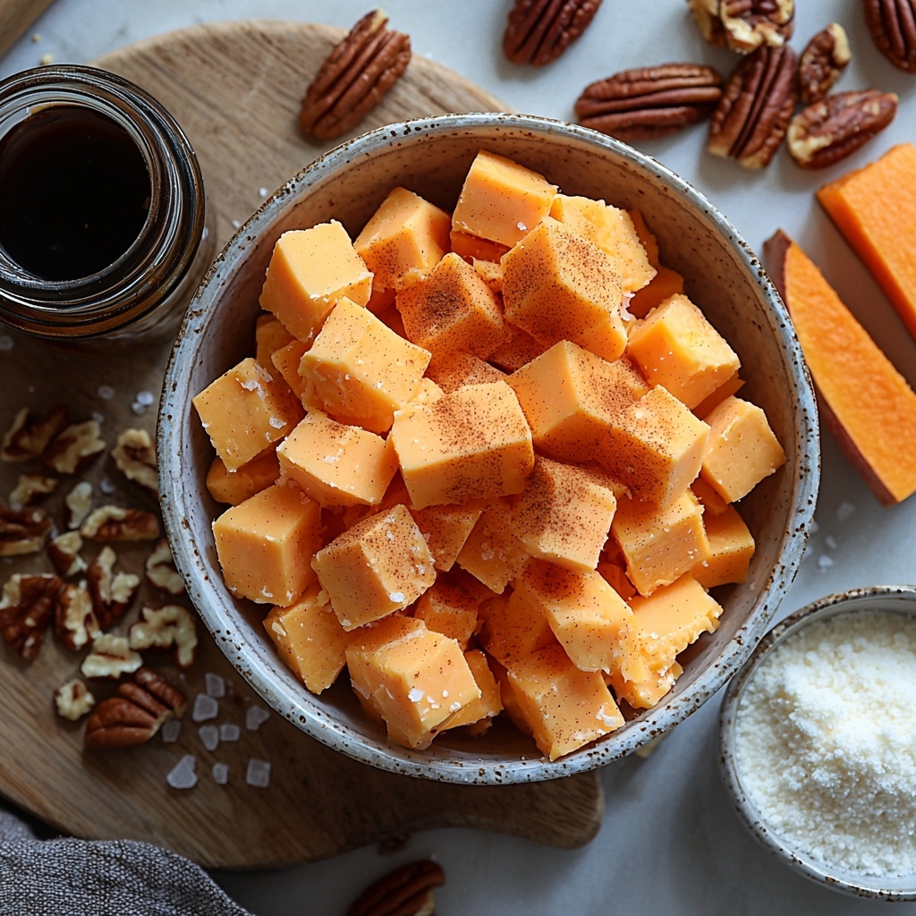 sweet potatoes peeled and cut into 1-inch cubes in a rustic ceramic bowl, a small glass bowl of packed brown sugar with rich amber crystals, melted butter in a shiny small metal saucepan, a tiny glass jar of vanilla extract with dark liquid inside, cinnamon and nutmeg sprinkled delicately on a white ceramic spoon, a small pile of coarse salt on a wooden board, a medium bowl with flour powder forming a soft white mound, chopped pecans scattered loosely on a linen cloth showing natural textures and warm brown tones, ingredients carefully spaced on a clean white surface with soft natural lighting highlighting the warm orange, brown, cream, and golden hues, subtle shadows adding depth, minimal props for a fresh and inviting look, textures contrasting smooth, granular, and crunchy elements, overhead shot, top down view, flat lay photography, professional food styling --ar 1:1 --q 2 --s 750 --v 6.1