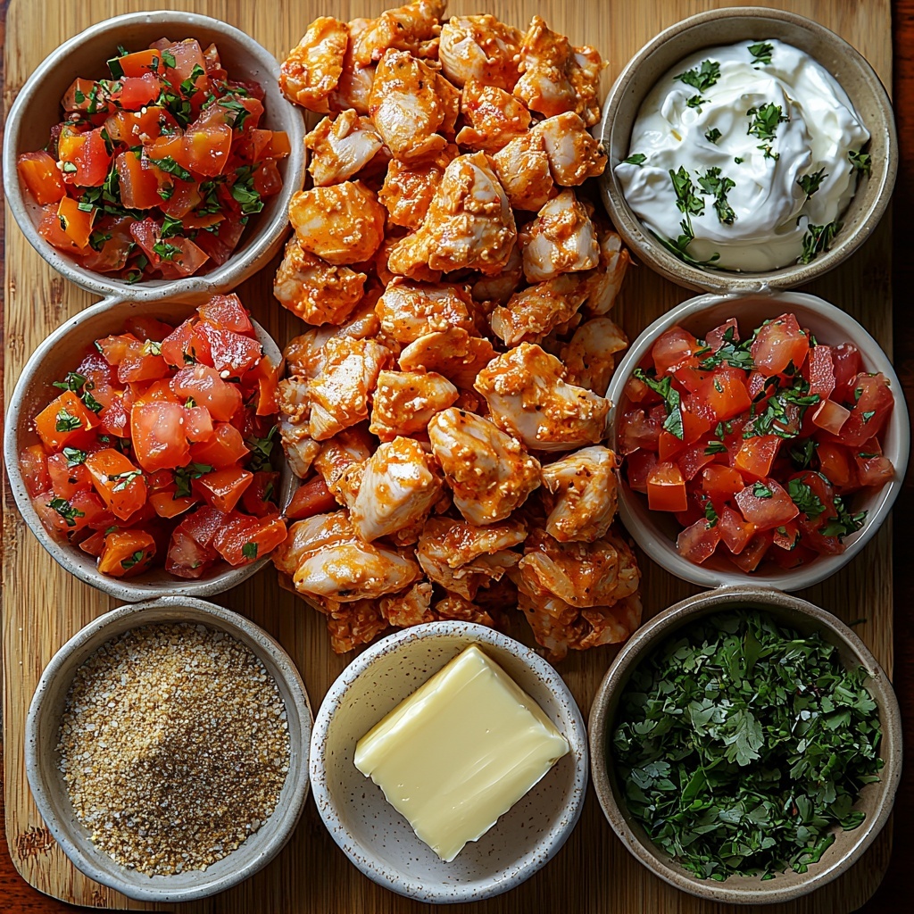 /Imagine a flat lay of all the main ingredients for homemade butter chicken artfully arranged on a clean, light wooden surface. In the center, a small mound of raw, pink boneless, skinless chicken thighs cut into bite-sized pieces with their tender texture visible; nearby, a golden pat of creamy butter melting slightly on a rustic white dish. Surrounding the chicken are fresh, finely chopped translucent onion pieces, minced garlic cloves, and pale yellow minced ginger arranged in small neat piles. Vibrant colorful mounds of spices—deep brown garam masala, warm earthy ground cumin, muted mustard yellow turmeric, rich reddish-brown chili powder, and fragrant ground coriander—each in tiny ceramic bowls or lightly heaped on the surface, showcasing their fine powder textures. A rustic, opened can displaying crushed bright red tomatoes with juicy texture, a small white bowl of smooth, off-white heavy cream, and a scattering of fresh, bright green cilantro leaves for garnish complete the composition. The arrangement emphasizes contrast between soft, coarse, and fine textures with a harmonious balance of warm, earthy, and fresh colors under natural daylight. Overhead shot, top down view, flat lay photography, professional food styling --ar 1:1 --q 2 --s 750 --v 6.1