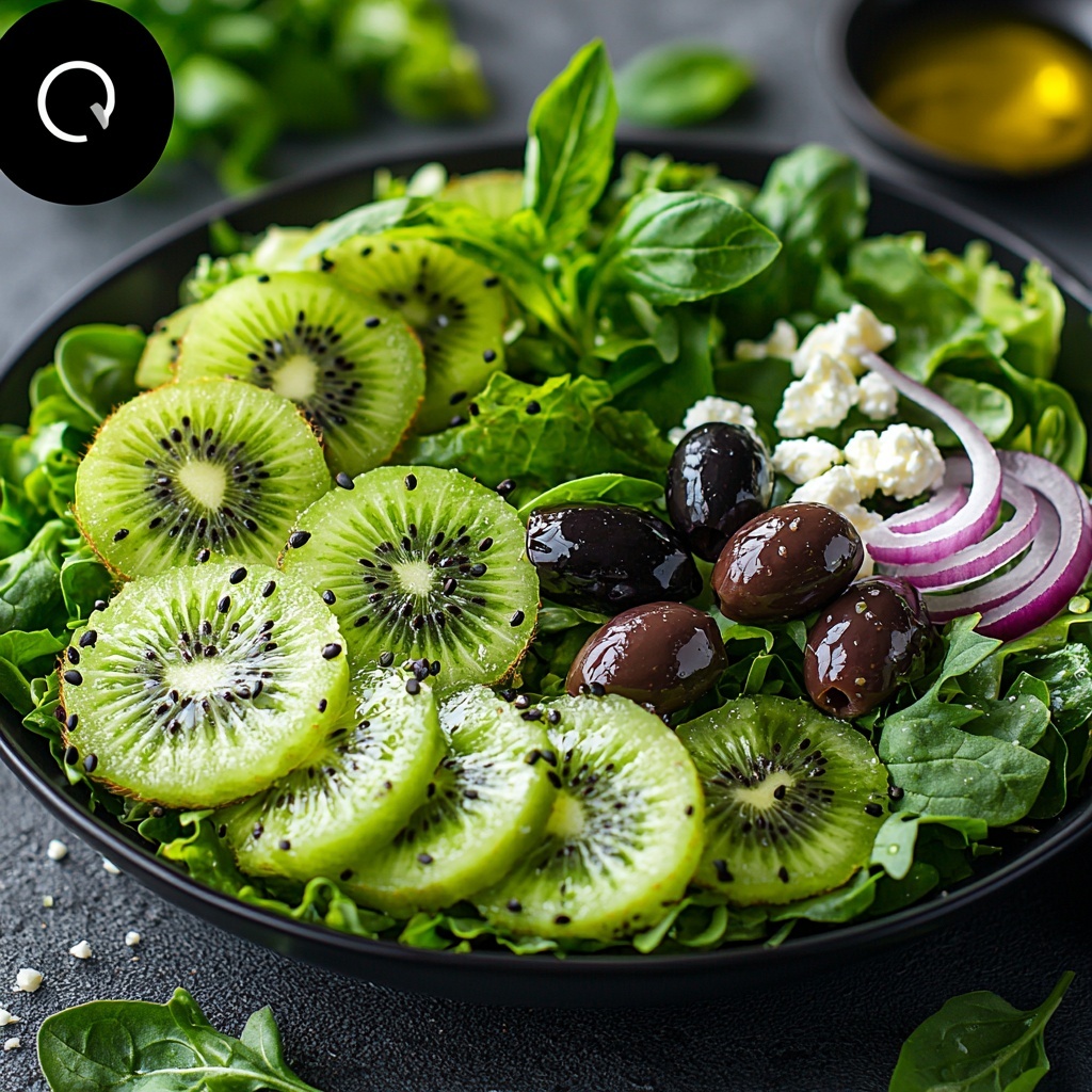 ripe kiwi slices bright green with delicate seeds arranged in a neat semi-circle, diced ripe avocado cubes creamy pale green grouped in small clusters, thinly sliced translucent red onion rings fanned out delicately, fresh vibrant butter lettuce and mixed greens including arugula and baby spinach forming a lush, textured green bed, glossy black Kalamata olives scattered evenly for contrast, crumbled white feta cheese sprinkled generously creating rough, crumbly texture, small drizzle puddles of golden extra virgin olive oil with hints of balsamic vinegar or lemon juice droplets, a light scattering of coarse salt crystals and freshly ground black pepper specks adding subtle texture, fresh deep green basil and mint leaves placed sparingly for color pop, all ingredients laid out meticulously on a clean, smooth white surface emphasizing vivid colors and natural textures, soft natural lighting highlighting freshness and moisture, slight shadows for depth, minimalist and airy composition, overhead shot, top down view, flat lay photography, professional food styling --ar 1:1 --q 2 --s 750 --v 6.1