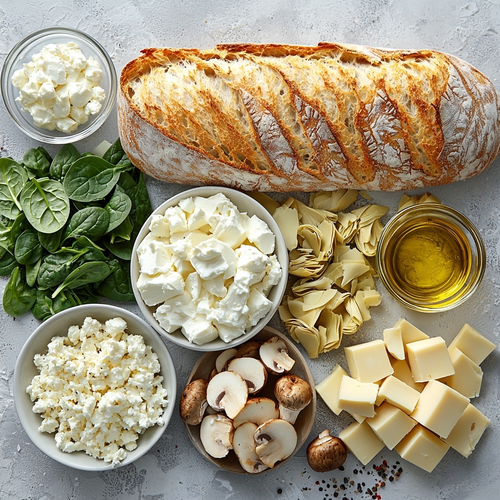 A clean, bright surface styled for flat lay food photography featuring the main ingredients: one whole large baguette with a golden crust, a small white bowl of fresh chopped bright green spinach leaves, a separate bowl of chopped pale yellow and green artichoke hearts, a small pile of diced brown and cream mushrooms, a bowl of smooth, creamy white softened cream cheese, a small heap of shredded white mozzarella cheese, a bowl of finely grated off-white Parmesan cheese, two peeled garlic cloves beside a small spoon with minced garlic, a small glass bowl of rich golden olive oil, and scattered coarse salt and black peppercorns for texture. The ingredients are carefully arranged with natural light highlighting their colors and textures, emphasizing freshness and rustic charm. Subtle shadows add depth, with negative space balanced around the elements to create visual harmony. Overhead shot, top down view, flat lay photography, professional food styling --ar 1:1 --q 2 --s 750 --v 6.1