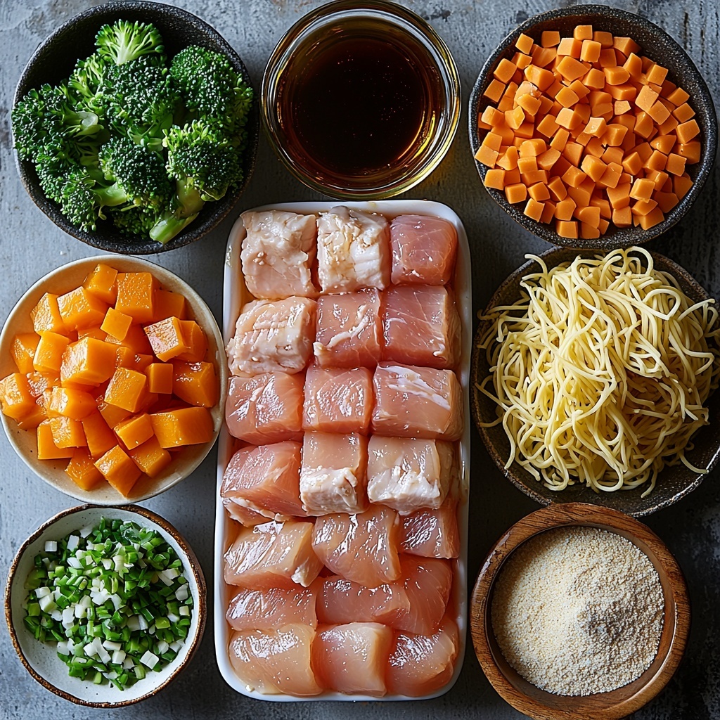 A clean, bright surface displaying the main ingredients for Honey Sesame Chicken Noodle Bake arranged neatly for overhead photography: raw chicken breast pieces—pale pink with a slight sheen—resting on a simple white dish; uncooked golden-yellow spaghetti noodles coiled loosely beside a bowl of vibrant frozen Asian vegetable medley showcasing green broccoli florets, orange carrots, and snap peas; a small glass bowl of rich amber honey next to a dark glossy bowl of soy sauce; a rustic wooden spoon filled with light brown granulated brown sugar; a small clear bowl of amber sesame oil; a tiny dish holding pale beige rice vinegar; powdered ginger in a small porcelain spoon showing fine beige texture; minced garlic with soft, creamy white bits on a white ceramic plate; a bowl of smooth pale cornstarch powder; scattered glossy white sesame seeds and finely chopped bright green onions arranged artistically around the scene. Soft natural light highlights the varied textures—from the smoothness of the liquids to the roughness of the granulated sugar—set against a minimalistic white background with delicate shadows adding depth. Overhead shot, top down view, flat lay photography, professional food styling --ar 1:1 --q 2 --s 750 --v 6.1