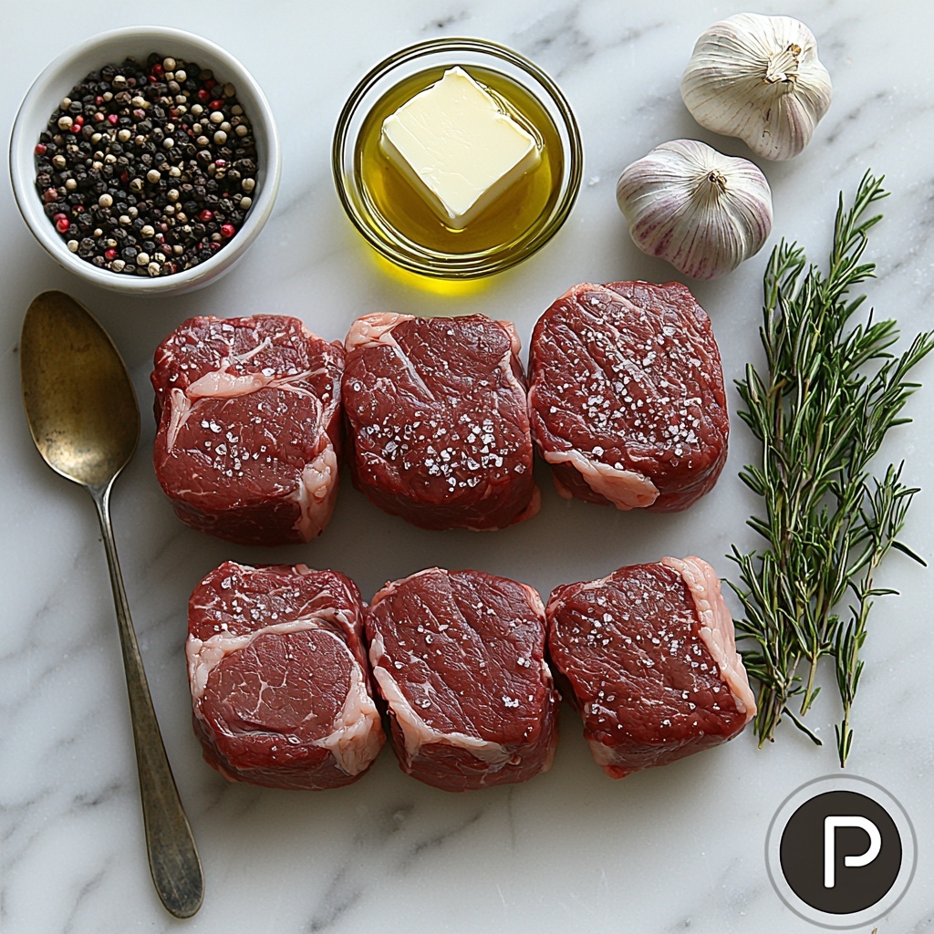 Top sirloin steaks, thick and marbled with rich red and creamy white fat edges, laid out raw on a clean white marble surface; small glass bowl with golden olive oil shimmering under soft light; coarse kosher salt crystals scattered neatly beside a vintage silver spoon; black peppercorns cracked open, revealing specks of freshly ground pepper; two tablespoons of pale yellow butter, smooth and slightly softened on a ceramic dish; fresh garlic cloves with papery white skin and subtle purple hues arranged naturally; sprigs of vibrant green fresh rosemary and thyme with delicate needle-like leaves positioned artfully to add contrast and freshness; warm natural lighting highlighting the varied textures—the meat’s fibrous surface, the oil’s glossy sheen, the rustic salt crystals, and the aromatic herbs; minimalistic styling with ample negative space emphasizing each ingredient’s individual color and texture, evoking a sense of preparation and anticipation in a clean, modern kitchen environment—overhead shot, top down view, flat lay photography, professional food styling --ar 1:1 --q 2 --s 750 --v 6.1