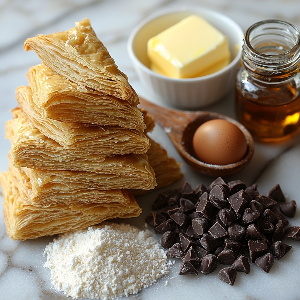Refrigerated croissant dough triangles neatly fanned out on a clean white marble surface, beside a small glass bowl of melted golden unsalted butter glistening under soft light. Nearby, a rustic wooden spoon rests partially filled with fine granulated sugar sparkling like tiny crystals, next to a small heap of rich, deep amber brown sugar casting soft shadows. A single large brown-speckled egg sits in a smooth white bowl, with a delicate glass jar of clear vanilla extract reflecting light subtly. A fine mesh sieve dusting cocoa powder in a dark chocolate brown mound contrasts with a small pile of snowy white all-purpose flour. A tiny vintage teaspoon holds a pinch of fine salt crystals that shimmer softly. Half cup of glossy dark chocolate chips scattered casually in a small ceramic dish with a matte finish. The ingredients are spaced evenly with natural textures—flaky croissant dough, soft sugar grains, powdery cocoa, smooth buttery gloss—arranged thoughtfully to showcase their colors and textures. Warm, natural daylight enhances the cozy, inviting atmosphere. Overhead shot, top down view, flat lay photography, professional food styling --ar 1:1 --q 2 --s 750 --v 6.1