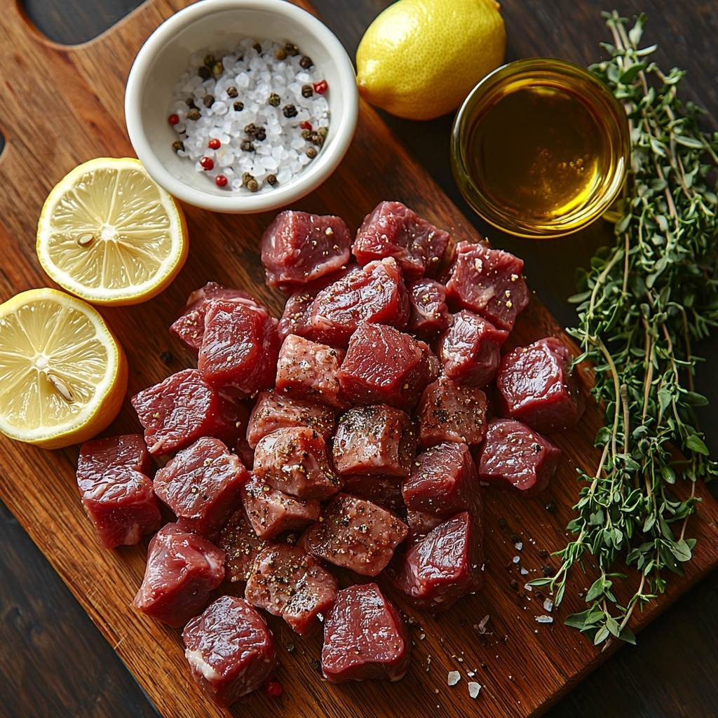 300g raw lamb liver chunks with deep reddish-brown, glossy and slightly wet texture; 200g lamb heart pieces, dark ruby red with smooth yet firm surface; 200g pale pinkish lamb lungs or creamy off-white sweetbreads, soft and spongy texture; a length of 1–1.5 meters clean lamb caul fat or intestines, translucent white with delicate lace-like texture, loosely coiled; small bowl of golden olive oil with a smooth sheen; halved bright yellow lemons with glistening juice droplets; three peeled garlic cloves, white with subtle papery texture; small heap of dried oregano leaves, muted green with fine flakes; coarse grains of white salt and specks of freshly ground black pepper sprinkled lightly on a rustic wooden cutting board; fresh sprigs of thyme and oregano with vibrant green leaves placed nearby; soft natural lighting emphasizing rich colors and textures; all ingredients deliberately spaced and balanced to create harmony and visual interest, styled on a clean, neutral-toned surface with subtle shadows to enhance depth and authenticity—overhead shot, top down view, flat lay photography, professional food styling --ar 1:1 --q 2 --s 750 --v 6.1