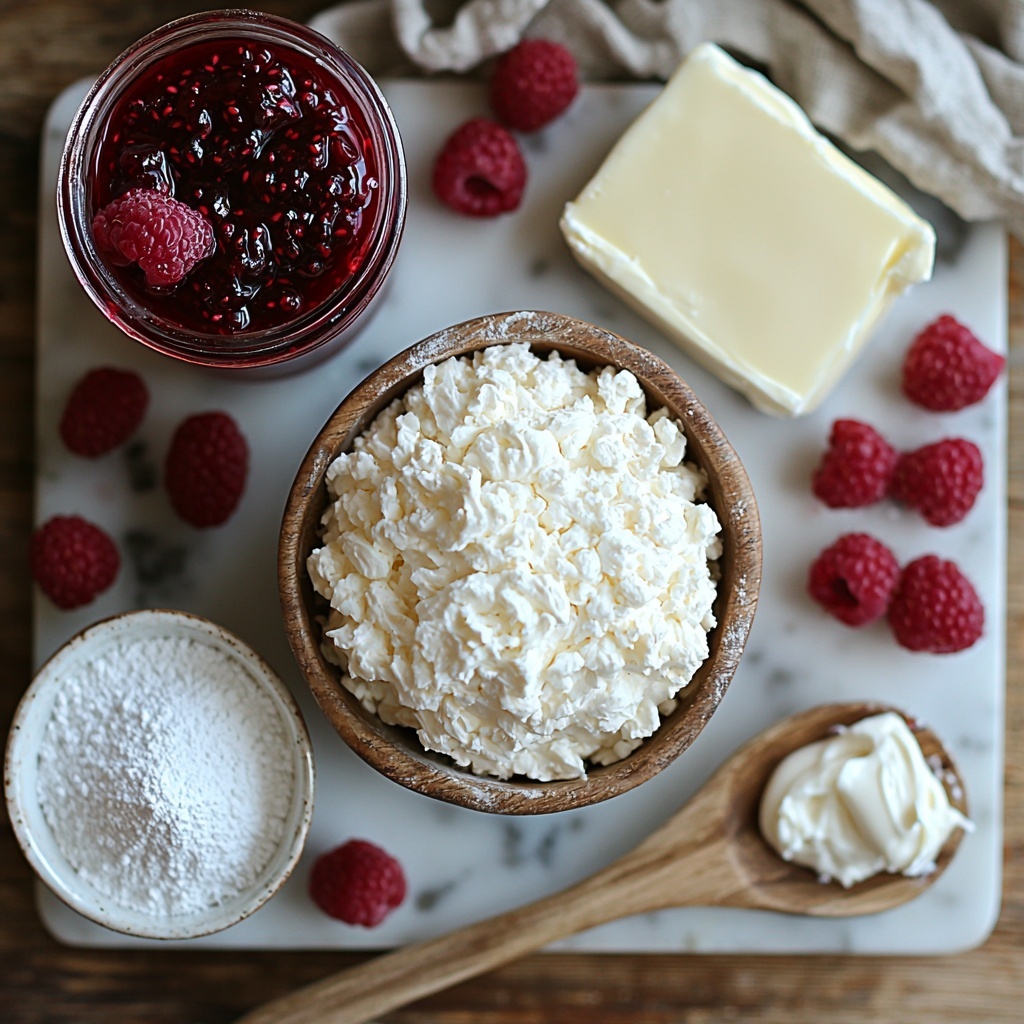 baking mix in a small rustic ceramic bowl with a wooden spoon, granulated sugar in a clear glass bowl sparkling under soft light, a slab of unsalted butter partially melted on a white marble cutting board, a vintage measuring cup filled with whole milk showing a creamy texture, softened cream cheese in a small white ramekin with a smooth surface, a bright red jar of raspberry preserves with a silver spoon resting inside showing vibrant seeds and texture, powdered sugar lightly dusted on a fine mesh sieve, a small bowl with a glossy vanilla glaze drizzle swirling gently, all ingredients arranged neatly and spaced evenly on a clean, light wood surface with soft natural light highlighting the colors and textures, subtle shadows adding depth, minimal props such as a linen napkin and fresh raspberries placed strategically for contrast, emphasizing fresh, creamy, and vibrant elements, overhead shot, top down view, flat lay photography, professional food styling --ar 1:1 --q 2 --s 750 --v 6.1