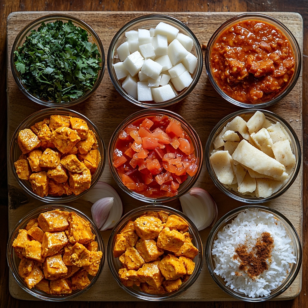 boneless and skinless chicken breasts cut into large chunks in a white ceramic bowl, diced small onion in a clear glass ramekin, small piles of garlic powder, ground ginger, curry powder, turmeric, paprika, salt, black pepper, and brown sugar each displayed in neat wooden spoons, an opened 14-ounce can of creamy coconut milk with gentle swirls visible, an opened 8-ounce can of rich red tomato sauce with a smooth texture, a small bowl of mixed cornstarch and cold water slurry with a glossy surface, fresh vibrant green chopped cilantro scattered softly on delicate parchment paper, a few grains of fluffy cooked rice and a wedge of golden naan bread on a rustic wooden board, all ingredients thoughtfully arranged on a clean, light natural wood surface with soft natural daylight highlighting the vivid colors and varied textures, subtle shadows adding depth, minimalist styling with a touch of rustic charm, overhead shot, top down view, flat lay photography, professional food styling --ar 1:1 --q 2 --s 750 --v 6.1
