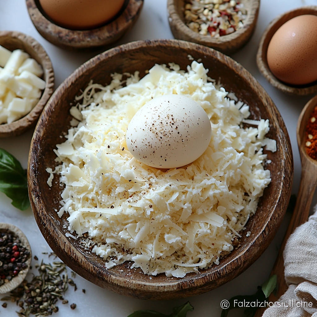 A clean white marble surface with all the main ingredients artfully arranged for a flat lay: a small rustic bowl filled with freshly grated Parmesan cheese showing its fine, crumbly texture; a neat pile of shredded mozzarella cheese with soft, stringy strands spilling slightly; a single smooth brown egg resting on a tiny natural wooden spoon; small ceramic bowls containing onion powder with its pale yellow hue, and a mixed spice bowl featuring garlic powder, Italian seasoning with green and dried herb flecks, red pepper flakes for a pop of deep red color, and a sprinkle of golden sesame seeds; subtle shadows adding depth to the scene; balanced spacing and natural light that highlights the varied textures and colors; soft neutral linen napkin partially draped on one side, natural wooden and ceramic props enhancing the rustic, cozy feel overhead shot, top down view, flat lay photography, professional food styling --ar 1:1 --q 2 --s 750 --v 6.1
