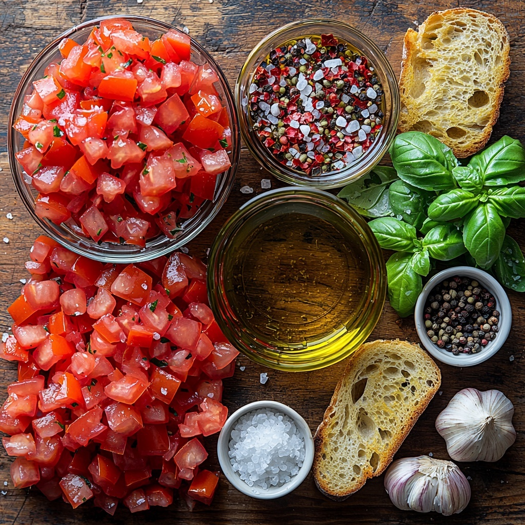 Ripe red diced Roma tomatoes and regular tomatoes scattered in a small glass bowl, a small pile of finely chopped fresh bright green basil leaves next to it, two small clear glass bowls holding golden olive oil and deep red wine vinegar, a peeled minced garlic clove placed on a rustic white ceramic plate, sprinklings of coarse salt and freshly ground black pepper in tiny white porcelain spoons, a long crusty golden-brown baguette sliced diagonally and arranged fanned out on a natural wood surface, a whole clove of garlic beside the bread, light reflections highlighting the glossy textures of olive oil and vibrant freshness of tomatoes and basil, all elements spaced evenly with natural daylight casting soft shadows, minimalistic clean background in warm neutral tones, overhead shot, top down view, flat lay photography, professional food styling --ar 1:1 --q 2 --s 750 --v 6.1