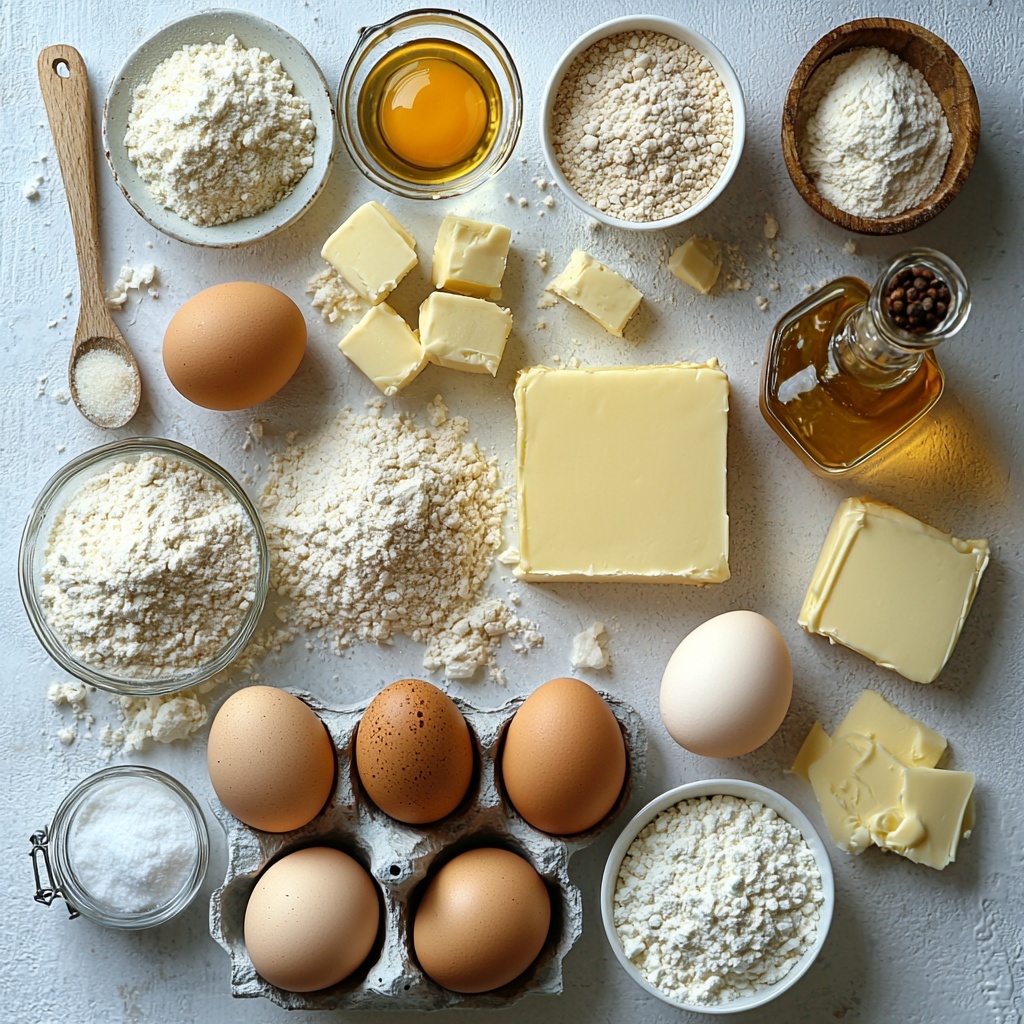 A clean white surface with ingredients neatly arranged for an overhead flat lay photo: a half cup of unsalted butter in a small glass dish showing its creamy yellow texture; a clear glass measuring cup filled with water; a heap of white all-purpose flour on a small wooden spoon; four large brown eggs placed beside each other; a small mound of coarse white granulated sugar in a porcelain bowl; a small white ramekin with cornstarch powder; whole nutmeg seeds alongside a small pile of finely ground warm brown nutmeg powder; a small glass bottle of amber vanilla extract; a tiny glass bottle labeled rum extract; two cups of creamy whole milk in a clear glass measuring jug; two large bright yellow egg yolks resting in a white ceramic bowl; a small bowl of powdered sugar with a fine dusting spilling slightly onto the surface; two tablespoons of unsalted butter softened and slightly glossy on a small plate. The ingredients are carefully spaced with natural soft daylight illuminating from the side, casting gentle shadows and highlighting the textures—smooth egg shells, powdery flour, glossy yolks, and the rustic nutmeg. Accents of rustic wooden spoons and neutral linen cloth add warmth and contrast. overhead shot, top down view, flat lay photography, professional food styling --ar 1:1 --q 2 --s 750 --v 6.1