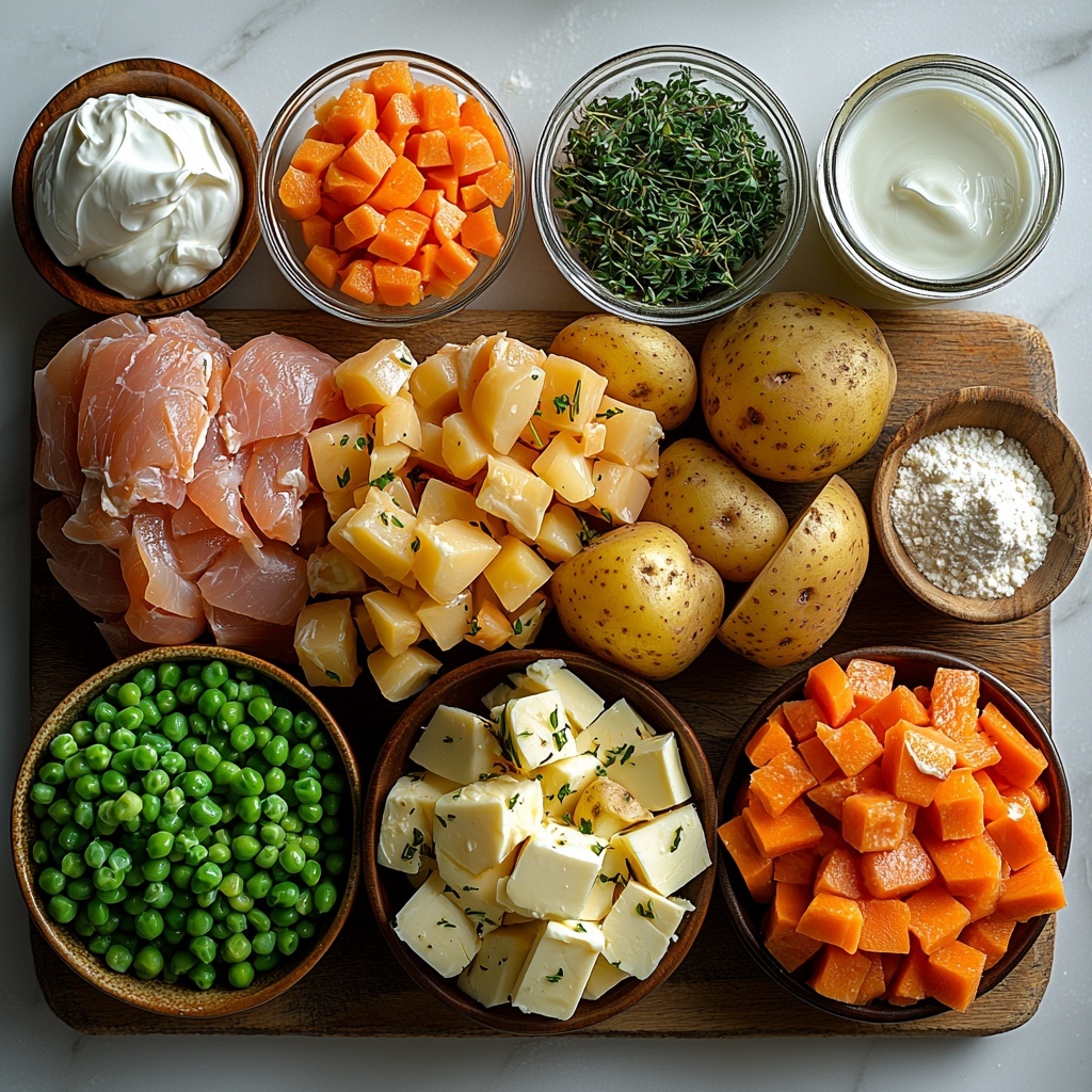 Chicken breasts, yellow onion finely diced in a small bowl, celery ribs diced in a separate dish, bright orange diced carrots, peeled garlic cloves with some minced garlic on a wooden spoon, small bowls containing dried thyme, rosemary, parsley, ground sage, black pepper, Worcestershire sauce in a small glass jar, Dijon mustard in a tiny bowl, flour measured in a clear glass bowl, heavy cream in a small pitcher, chicken bouillon cube on a rustic cereal plate, large Yukon Gold potato whole with a small pile of salt and pepper nearby, frozen peas scattered casually with some in a small white ramekin, all-purpose flour in a glass bowl, baking powder, baking soda, and salt in small white ceramic spoons, cold butter sticks and cubes on a wooden board, sour cream in a small white bowl, milk in a clear measuring cup, a beaten egg in a glass ramekin, a tablespoon of milk in a tiny cup; all ingredients arranged neatly on a clean white marble surface with natural soft daylight illuminating from the side, shadows soft and delicate, colors vibrant and textures vivid—from smooth cream and flour to rough potato skin and fresh herbs, balanced composition with bowls and utensils creating visual interest, some rustic props like wooden spoons and linen napkin subtly placed to add warmth; overhead shot, top down view, flat lay photography, professional food styling --ar 1:1 --q 2 --s 750 --v 6.1