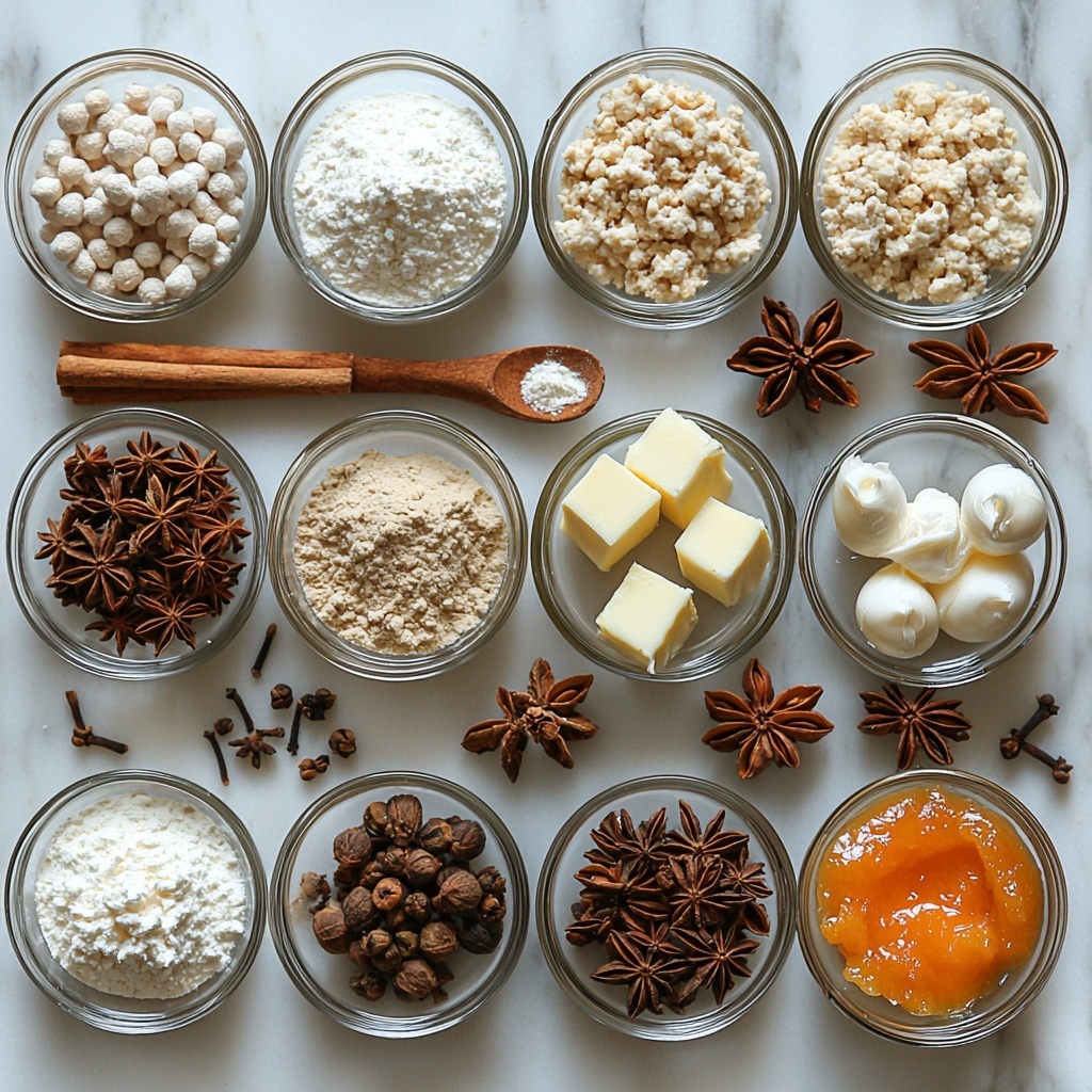 a clean white marble surface with all-purpose flour in a small glass bowl showing fine white powder texture, a wooden spoon resting beside it, small ceramic bowls containing baking powder, baking soda, salt, ground cinnamon, ground nutmeg, ground cloves, and ground ginger arranged neatly in a semi-circle showcasing warm brown and beige spice tones, a half cup of softened unsalted butter with a creamy pale yellow hue on a butter dish, granulated sugar and packed brown sugar side by side in transparent bowls displaying sparkling white and rich caramel textures, a bowl of vibrant orange pumpkin puree with smooth glossy appearance, one large brown egg with smooth shell placed near a small glass bowl of vanilla extract with amber liquid inside, an 8 oz block of cream cheese on parchment paper showing slightly softened, creamy white texture, a separate small bowl with granulated sugar mixed with vanilla extract for the cheesecake swirl, all ingredients spaced evenly with small sprigs of cinnamon sticks and star anise for rustic warmth, soft natural lighting enhancing the colors and textures, subtle shadows adding depth, styled with clean cotton linen napkin folded casually at the edge, overhead shot, top down view, flat lay photography, professional food styling --ar 1:1 --q 2 --s 750 --v 6.1