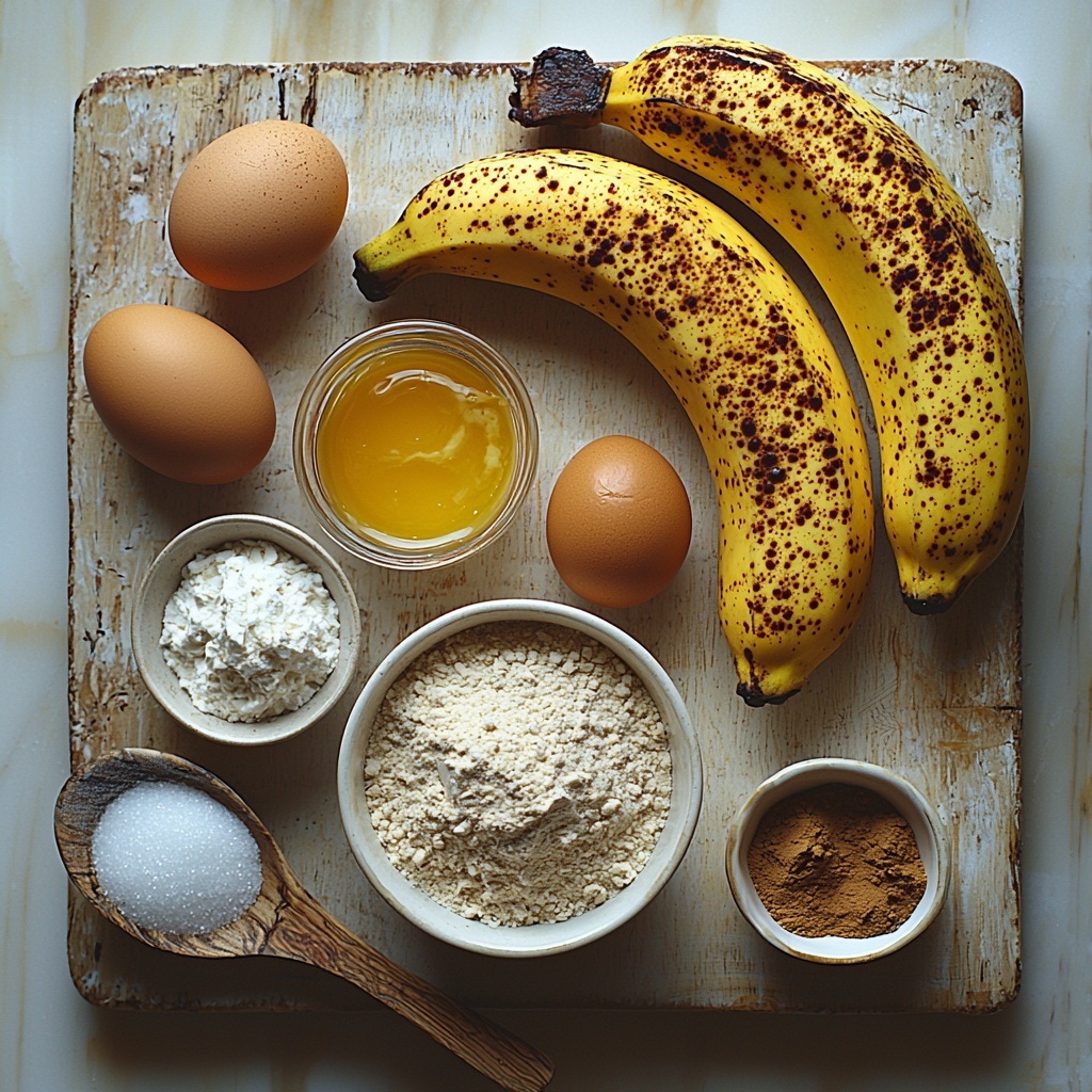 2- A clean white surface with ingredients neatly arranged for a baking recipe: two large ripe bananas with some gentle brown spots showing softness, a small glass bowl of melted golden butter glistening under soft light, a rustic wooden spoon holding light brown sugar with visible sugar crystals, a single large brown egg resting in a white ceramic cup, a small glass dish of clear vanilla extract with a faint amber tint, a neat pile of off-white all-purpose flour with soft powdery texture, a tiny heap of fine white baking soda powder, a small pinch of coarse salt crystals on a minimalist ceramic spoon, a round glass bowl of white granulated sugar sparkling under light, and a small white ramekin filled with warm, cinnamon-brown ground cinnamon powder. The ingredients are spaced evenly with subtle shadows to create depth, styled with casual yet intentional placement, natural soft daylight enhancing texture contrasts, minimal props for a clean and inviting flat lay photography setup. Overhead shot, top down view, flat lay photography, professional food styling --ar 1:1 --q 2 --s 750 --v 6.1