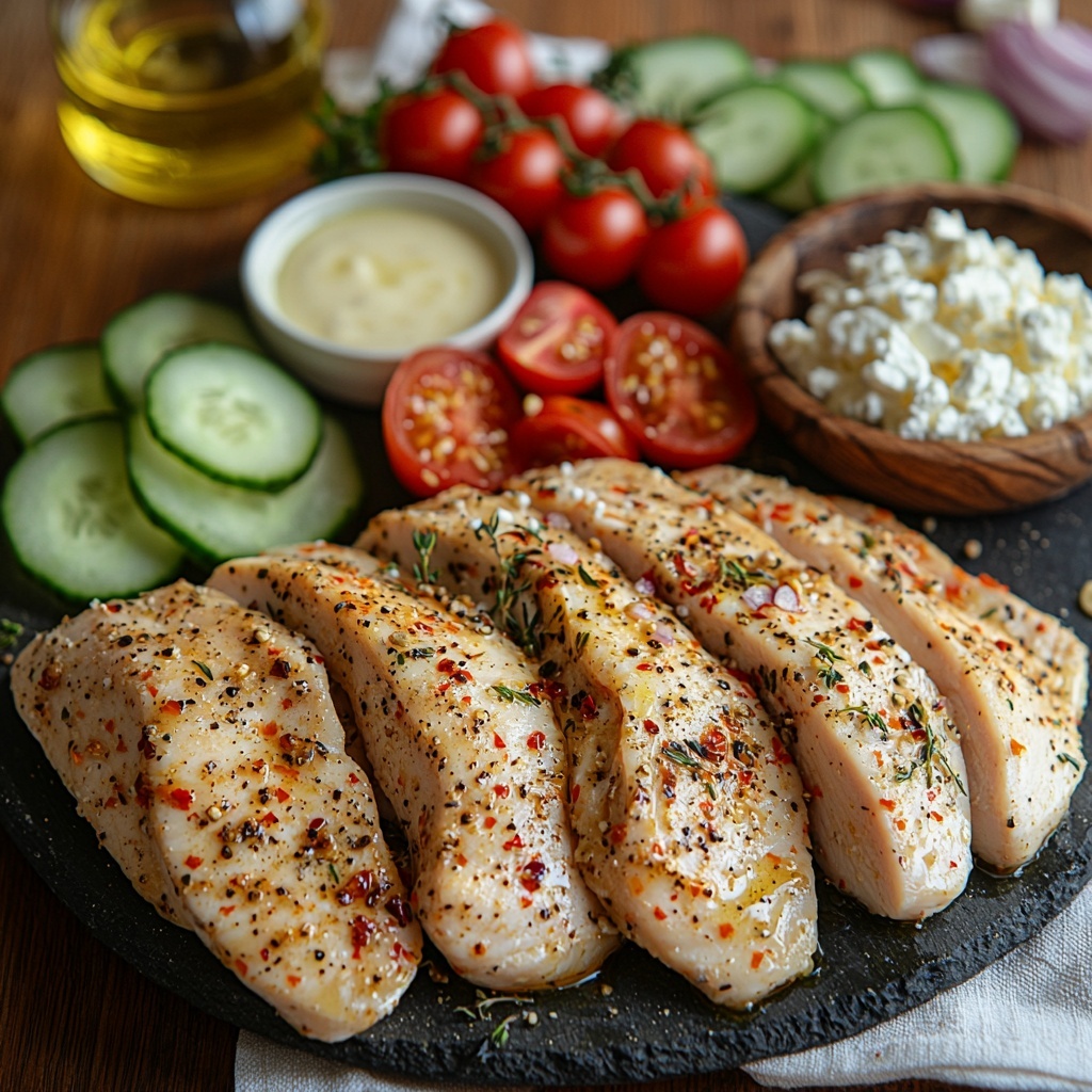 2 large boneless, skinless chicken breasts raw and seasoned with olive oil, minced garlic, dried oregano, paprika, salt, and black pepper arranged neatly on a clean white ceramic plate; small bowl of golden olive oil with a wooden spoon beside it; two whole garlic cloves, one minced garlic pile next to fresh dried oregano sprigs; 4 large soft flour tortillas stacked slightly fanned out on a light linen napkin; vibrant roasted red peppers piled in a small rustic bowl next to a creamy bowl of smooth plain Greek yogurt; a glass jar with bright yellow lemon juice and a fresh lemon wedge; small garlic clove whole and minced placed on a wooden board; freshly shredded crisp green lettuce leaves, sliced cool cucumber rounds, halved deep red cherry tomatoes, thinly sliced translucent red onion rings arranged in separate neat piles on a slate serving tray; a small heap of crumbly white feta cheese on a wooden cutting board; all ingredients spread out on a clean light wooden surface with natural soft daylight enhancing vivid colors and contrasting textures — fresh, colorful, clean, inviting, artisanal style, minimal shadows, slight rustic charm overhead shot, top down view, flat lay photography, professional food styling --ar 1:1 --q 2 --s 750 --v 6.1