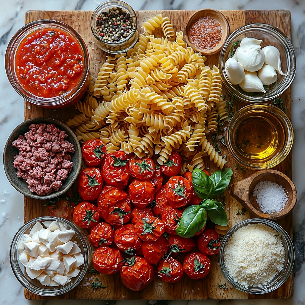 Flat lay photography of homemade crockpot ground beef pasta ingredients arranged neatly on a clean white marble surface. Include raw ground beef shaped into a small mound on a wooden cutting board, a small glass bowl of golden olive oil, finely chopped white onions in a clear bowl, several peeled garlic cloves next to a garlic press, a rustic jar of deep red marinara sauce with label visible (like Rao’s Homemade), a small bowl of bright red diced tomatoes, scattered dried Italian seasoning herbs and coarse salt crystals with black peppercorns to one side. A clear measuring cup filled with fresh water, uncooked rotini or penne pasta spilling gently from a burlap sack onto the surface, a small glass bowl of heavy cream with a glossy texture, a bowl of shredded mozzarella cheese showing soft white curls, and a bowl of freshly grated Parmesan cheese with its fluffy texture visible. The arrangement is balanced with varied textures and vibrant colors—rich reds, creamy whites, and earthy tones—styled with natural soft lighting to enhance freshness and detail, minimal shadows, some fresh basil leaves to add a pop of green, and a wooden spoon placed casually. Overhead shot, top down view, flat lay photography, professional food styling --ar 1:1 --q 2 --s 750 --v 6.1