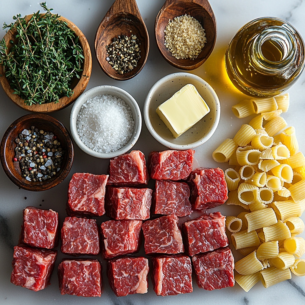 sirloin steak cubes raw with rich marbling, minced garlic cloves in small bowl, fresh green thyme leaves scattered, smoked paprika powder in tiny rustic dish, coarse sea salt and cracked black peppercorns in small white ceramic spoons, uncooked golden shell pasta piled neatly, chunk of creamy butter with smooth texture, small mound of grated Parmesan cheese with fine texture, fresh chopped parsley vibrant green in bowl, two small glass bottles of golden olive oil, all ingredients arranged artfully on a clean white marble surface with soft natural lighting, subtle shadows adding depth, textures highlighted from smooth butter to rough Parmesan, pops of green from herbs creating fresh contrast, slight rustic touch with wooden spoons and linen napkin nearby, overhead shot, top down view, flat lay photography, professional food styling --ar 1:1 --q 2 --s 750 --v 6.1