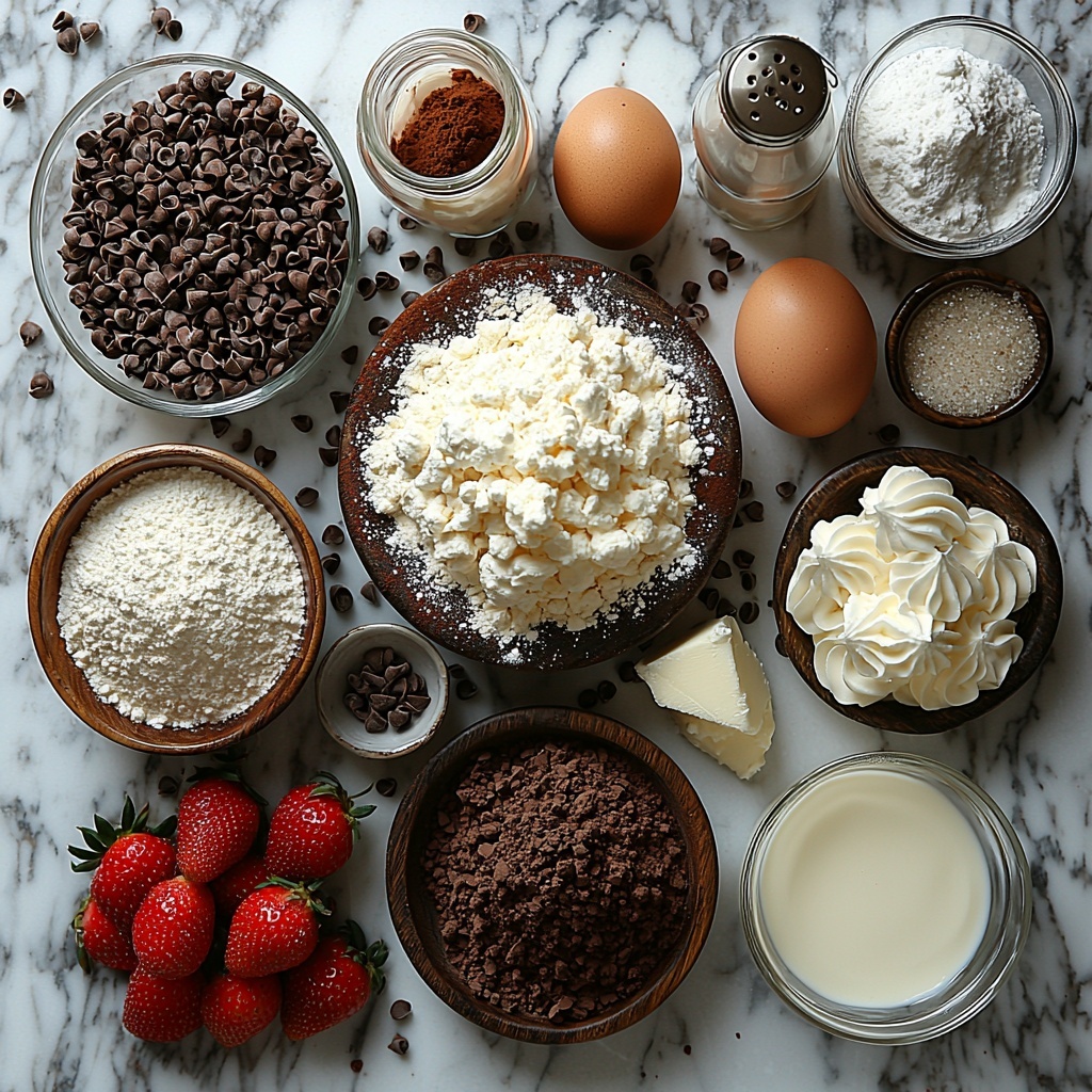 A flat lay overhead shot of Neapolitan Layer Cake ingredients arranged artfully on a clean white marble surface. Featuring a neat pile of fine, white all-purpose flour spilling slightly from a small rustic bowl, a heap of granulated sugar in a glass jar with some crystals scattered, a small wooden bowl filled with rich, dark unsweetened cocoa powder with velvety texture, and a soft mound of pale yellow unsalted butter softened and slightly melting at the edges on a ceramic butter dish. Three large clean eggs with smooth brown shells are placed in a triangle nearby. A clear glass measuring cup contains creamy white milk reflecting soft light, next to a small glass bottle filled with amber vanilla extract. A teaspoon with fine white baking powder is set beside a small pile of fine salt grains. A small bowl holds vibrant pink strawberry puree with a glossy texture, contrasted by a generous dollop of fluffy white whipped cream in a delicate bowl with soft peaks. Each ingredient is spaced evenly, styled to highlight their natural colors and textures, with natural soft daylight illuminating from one side, subtle shadows adding depth, minimal props to keep a fresh and modern aesthetic. Overhead shot, top down view, flat lay photography, professional food styling --ar 1:1 --q 2 --s 750 --v 6.1