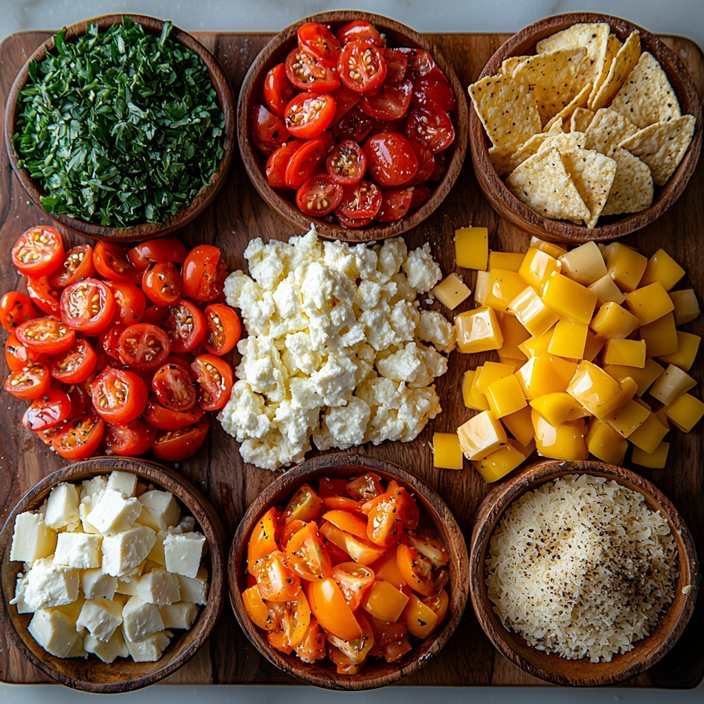 Spicy Italian sausage crumbles, bright red diced tomatoes drained and glistening, vibrant yellow-green diced pickled banana peppers, fiery red diced pickled cherry peppers, shredded mozzarella cheese in soft white piles, grated Parmesan cheese with a fine, crumbly texture, a smooth block of softened cream cheese, rustic wooden spoons holding garlic powder, Italian seasoning, and red pepper flakes arranged as small piles, freshly cracked black pepper in a small rustic bowl, all ingredients meticulously spaced on a clean white marble surface to highlight their vivid colors and varied textures. Include a small stack of toasted buttered baguette slices and a handful of golden tortilla chips on the side for context. Lighting is natural and soft, creating gentle shadows to enhance texture without harsh contrasts. The composition is balanced and symmetrical with a slight rustic, approachable vibe, styled with light linen napkins and minimal props to keep focus on ingredients. Overhead shot, top down view, flat lay photography, professional food styling --ar 1:1 --q 2 --s 750 --v 6.1