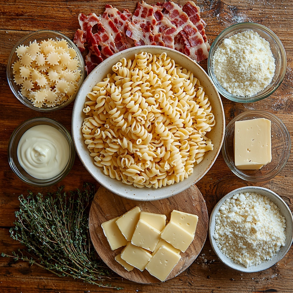 pound of uncooked elbow macaroni pasta arranged loosely in a small bowl, golden yellow dried pasta shapes; 6 slices of crispy turkey bacon, crumbled into irregular pieces with reddish brown and smoky textures scattered neatly on a white ceramic plate; small pat of creamy yellow butter on a white dish; heap of fine white flour in a small glass bowl; two glass measuring cups filled with smooth white milk and thick pale cream side by side; five types of cheese displayed in separate small bowls—a pile of shredded sharp cheddar with rich orange tones, shredded Gruyère with pale off-white curls, softened cream cheese smooth and dolloped, grated Parmesan with fine powdery texture off-white, shredded mozzarella soft and stringy white; teaspoon of golden Dijon mustard in a small ceramic spoon; fresh green thyme leaves and finely chopped rosemary herbs laid artistically on a wooden cutting board; salt and black peppercorns sprinkled lightly near a small white dish; buttery golden breadcrumbs mixed with melted butter in a small white bowl showing crumbly texture—all ingredients arranged thoughtfully on a clean light oak wood surface with warm natural light, soft shadows enhancing textures, subtle rustic but elegant styling, minimal props, overhead shot, top down view, flat lay photography, professional food styling --ar 1:1 --q 2 --s 750 --v 6.1