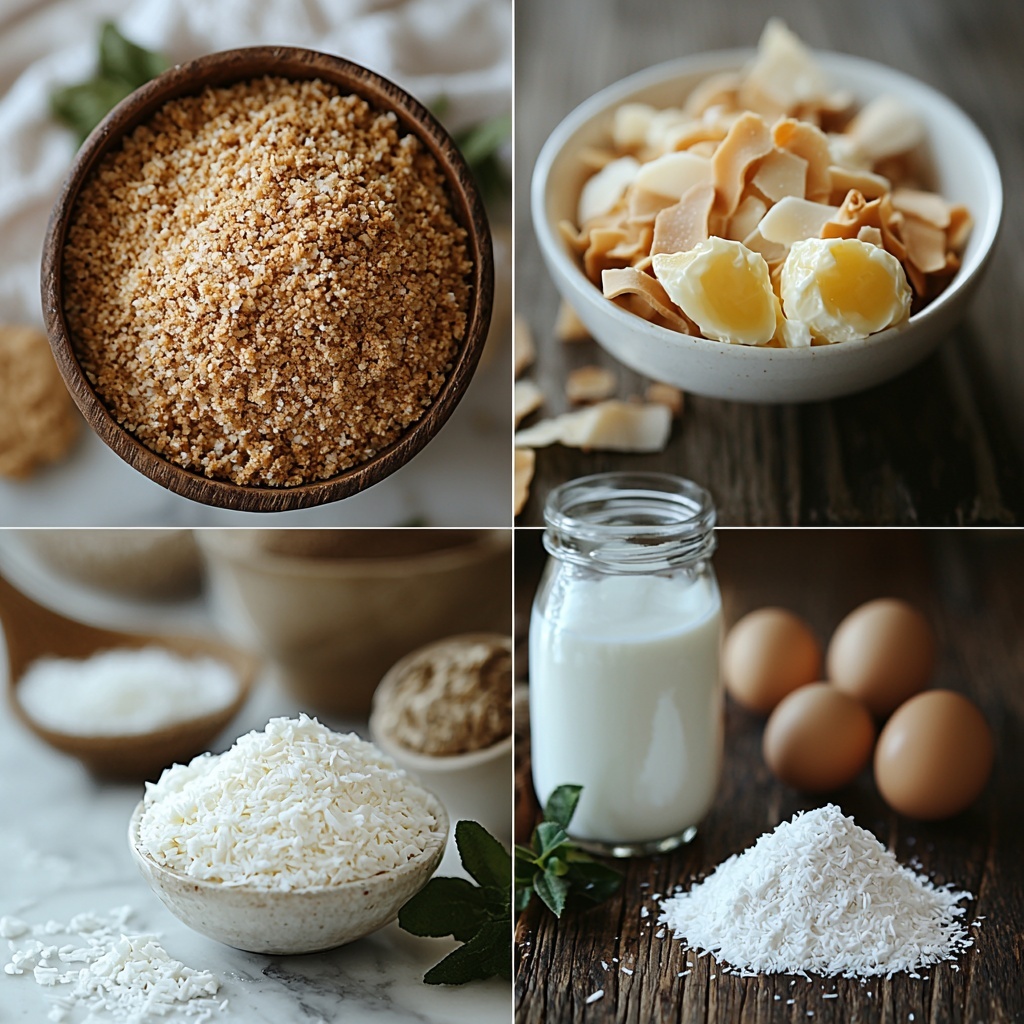 graham cracker crumbs in a small rustic bowl with golden brown hues and a slightly crumbly texture, a melted butter pool shimmering in a clear glass measuring cup, fine granulated white sugar neatly heaped in a small white ceramic dish, smooth white cornstarch arranged in an elegant oval mound, fine grains of salt in a tiny porcelain spoon, whole milk in a transparent glass pitcher showing creamy white liquid, four large bright yellow egg yolks nestled in a white ceramic bowl, a pile of sweetened shredded coconut with soft, flaky texture and bright white color, a small glass jar partly filled with rich vanilla extract with deep amber tones, heavy whipping cream in a chilled metal bowl reflecting soft highlights, powdered sugar dusted lightly on a vintage silver spoon, golden toasted coconut flakes scattered loosely on a dark wood surface for contrast; all ingredients arranged spaciously on a clean white marble tabletop with soft natural lighting enhancing textures and colors, subtle shadows adding depth, minimalistic and elegant styling with small greenery sprigs for freshness, neutral linen napkins softly draped to frame the scene, emphasis on warm tones and inviting textures, overhead shot, top down view, flat lay photography, professional food styling --ar 1:1 --q 2 --s 750 --v 6.1