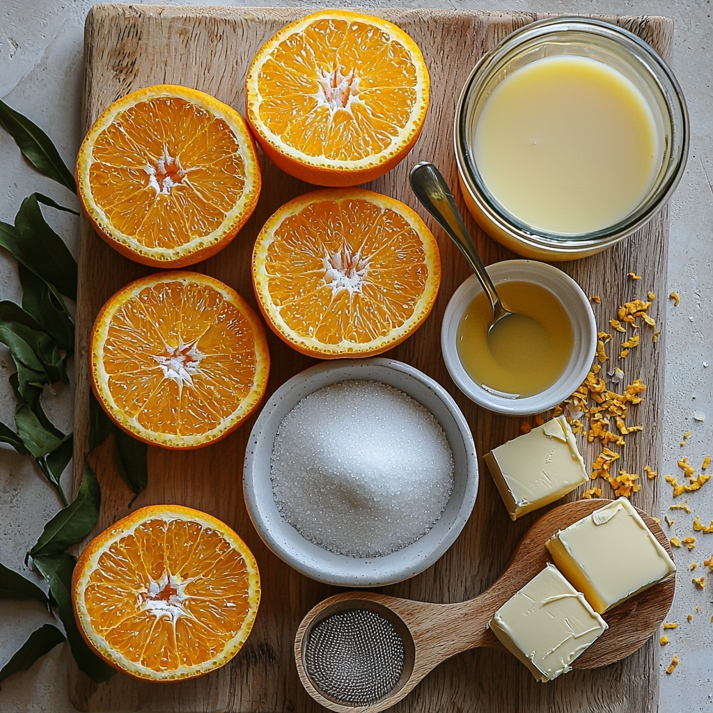 A clean white surface neatly arranged with the main ingredients for eggless dairy-free orange curd: bright orange zest delicately piled on a small white ceramic dish, three whole fresh oranges—one sliced in half revealing juicy vibrant flesh—next to a glass jug of freshly squeezed orange juice with a strainer and a few orange seeds beside it. A small wooden bowl of fine golden cane sugar textured with visible sugar crystals, a clear measuring cup filled with creamy, smooth non-dairy milk (soy or almond), a small white ramekin holding pale white cornstarch powder with a light dusting on the rim, a tiny porcelain spoon with a pinch of coarse sea salt, and cold vegan butter cut into neat pale yellow cubes on a rustic wooden board. Soft natural light casting gentle shadows, subtle reflections highlighting the glossy juice and smooth butter, arranged thoughtfully with some utensils—a whisk and rubber spatula with traces of orange zest and curd residue—adding an artisanal, homemade vibe. The composition is balanced, with textures ranging from powdery to juicy to creamy, enhanced by pops of vivid orange color contrasted against neutral whites and light wood. Overhead shot, top down view, flat lay photography, professional food styling --ar 1:1 --q 2 --s 750 --v 6.1