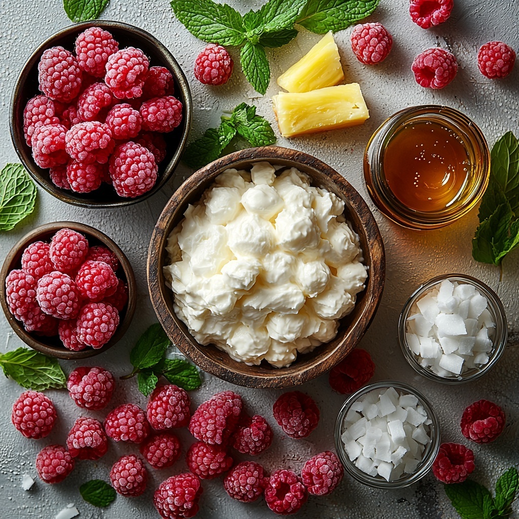 fresh raspberries bright red berries with natural texture, whole and scattered in small clusters; smooth, creamy white coconut cream in a rustic bowl with subtle sheen; golden yellow pineapple juice poured in a clear glass container showing translucence and juice droplets; small glass bottle of non-alcoholic rum substitute with amber liquid, next to tiny dishes containing coconut extract and vanilla extract; crushed ice sparkling with frosty texture piled in a small glass bowl; fresh mint sprigs with vibrant green leaves artfully placed for contrast; ingredients arranged neatly on a clean white matte surface, spaced evenly with natural light casting soft shadows, emphasizing fresh colors and textures, minimalistic and inviting composition, overhead shot, top down view, flat lay photography, professional food styling --ar 1:1 --q 2 --s 750 --v 6.1