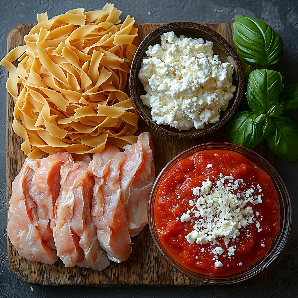 Dry high protein pasta in a small rustic bowl, uncooked twisted noodles with a golden beige color; raw Just Bare chicken breast fillet, pale pink with subtle marbling, neatly trimmed; creamy white cottage cheese in a clear glass ramekin showing its soft, curdled texture; vibrant red marinara sauce in a shallow white dish, smooth with visible herb flecks; a small pile of finely grated Parmesan cheese, pale off-white with a slightly crumbly texture, on a wooden board. All ingredients arranged separately but closely on a clean, matte white surface with soft natural lighting emphasizing textures and colors. Minimalistic styling with a sprig of fresh basil nearby for a pop of green, gentle shadows for depth, and negative space around to highlight each element clearly. Overhead shot, top down view, flat lay photography, professional food styling --ar 1:1 --q 2 --s 750 --v 6.1