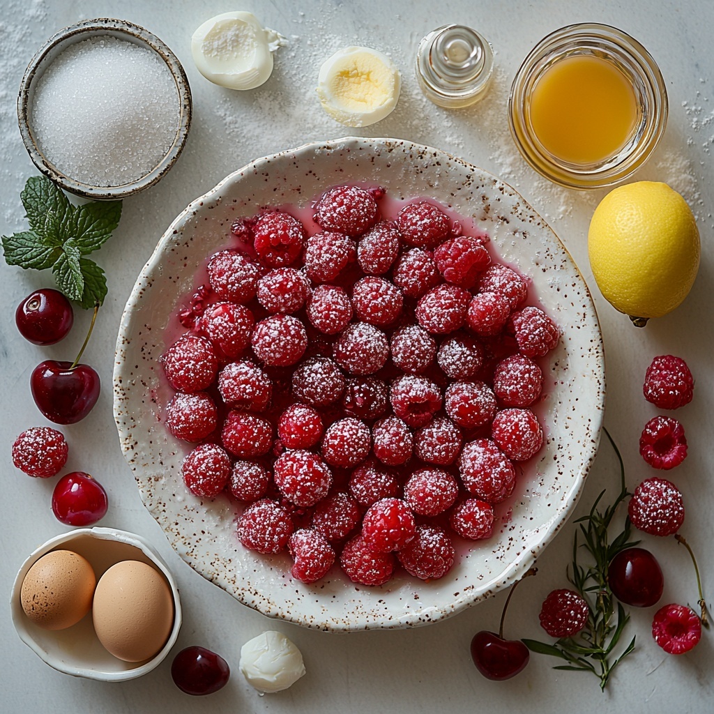 cherries fresh and pitted bright red, raspberries plump and vibrant pink-red, granulated sugar sparkling white crystals in a small glass bowl, fine white cornstarch powder neatly spooned, coarse kosher salt grains in a tiny ceramic dish, fresh lemon juice in a small clear glass with pale yellow liquid, elderflower liqueur bottle or a small glass with translucent pale gold liquid, whole large egg and two separate large egg yolks in half shells with glossy smooth textures, heavy cream in a small white porcelain pitcher with silky texture, all ingredients carefully spaced and symmetrically arranged on a clean white matte surface to enhance natural colors and textures, soft natural light from top left casting gentle shadows, minimal props for clean modern look, subtle sprigs of fresh mint for color contrast, overhead shot, top down view, flat lay photography, professional food styling --ar 1:1 --q 2 --s 750 --v 6.1