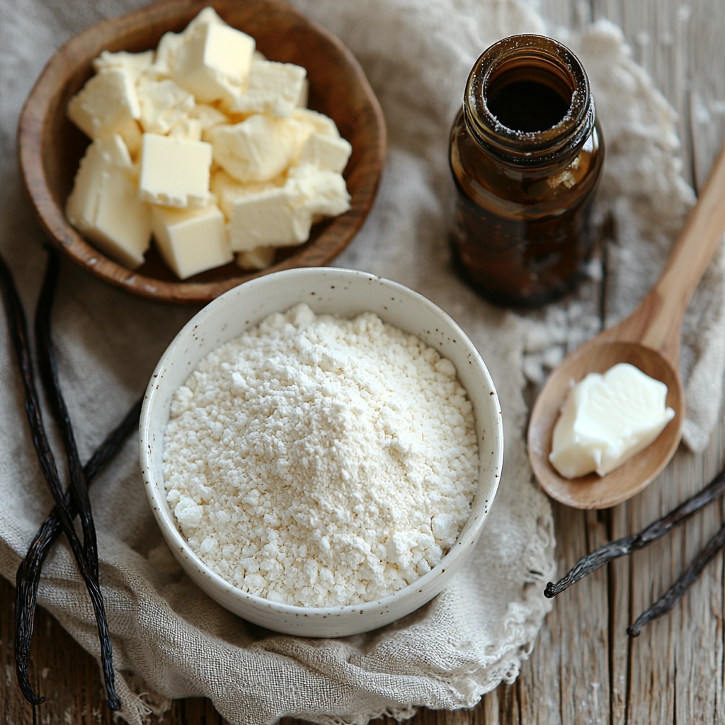 4 tablespoons all-purpose flour in a small clear glass bowl showing fine white powder texture, 2 tablespoons granulated sugar in a neat white ceramic dish with sparkling crystals, 1/2 teaspoon baking powder in a tiny white porcelain spoon with a subtle matte finish, 3 tablespoons milk in a small transparent glass jug reflecting soft light, 2 tablespoons melted unsalted butter in a shallow white ramekin with a glossy golden yellow surface, 1/2 teaspoon pure vanilla extract in a small amber glass bottle with a dark cap, all ingredients carefully spaced and arranged on a clean, light wood surface with soft natural light casting gentle shadows, minimalistic styling with neutral-toned linen napkin folded beside the bowls, scattered a few vanilla beans and a rustic wooden spoon for texture contrast, emphasizing the creamy, powdery, and liquid elements distinctly, overhead shot, top down view, flat lay photography, professional food styling --ar 1:1 --q 2 --s 750 --v 6.1