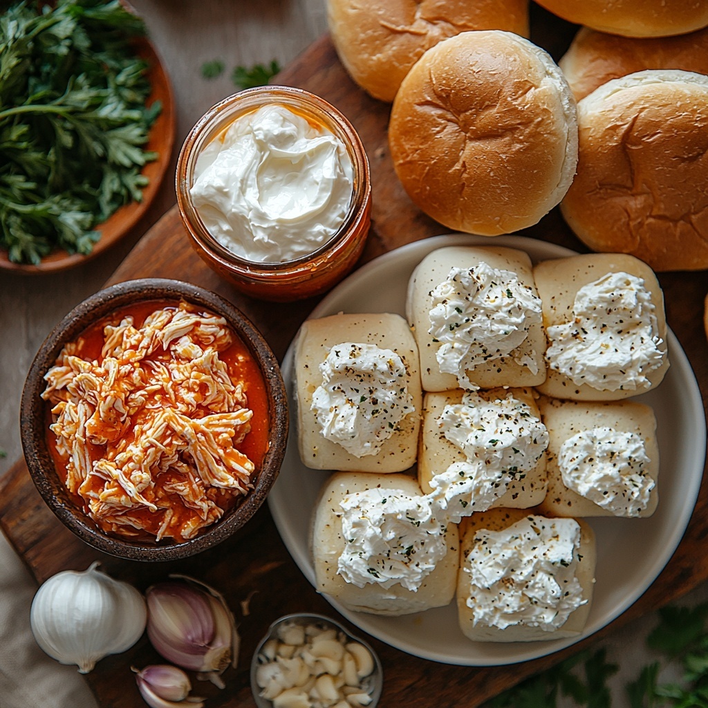 A clean, bright surface with all main ingredients for Buffalo Chicken Sliders neatly arranged in an artistic flat lay: three cups of shredded, tender, white chicken breast piled loosely in a small rustic bowl, adjacent to a small jar of vibrant orange-red buffalo sauce with a glossy texture; a smooth block of softened cream cheese on a white ceramic plate, its creamy off-white color contrasting the vivid sauce; a neat stack of 12 golden-brown slider buns with soft, pillowy texture and slightly glossy tops; a small bowl of thick, velvety white sour cream; two fresh garlic cloves, one whole and one minced with fine texture scattered nearby; props include a wooden serving board and a small spoon resting in the buffalo sauce, emphasizing rustic homemade style; natural soft daylight casting gentle shadows to enhance textures and colors, with a hint of fresh herbs subtly placed for freshness and color balance — overhead shot, top down view, flat lay photography, professional food styling --ar 1:1 --q 2 --s 750 --v 6.1