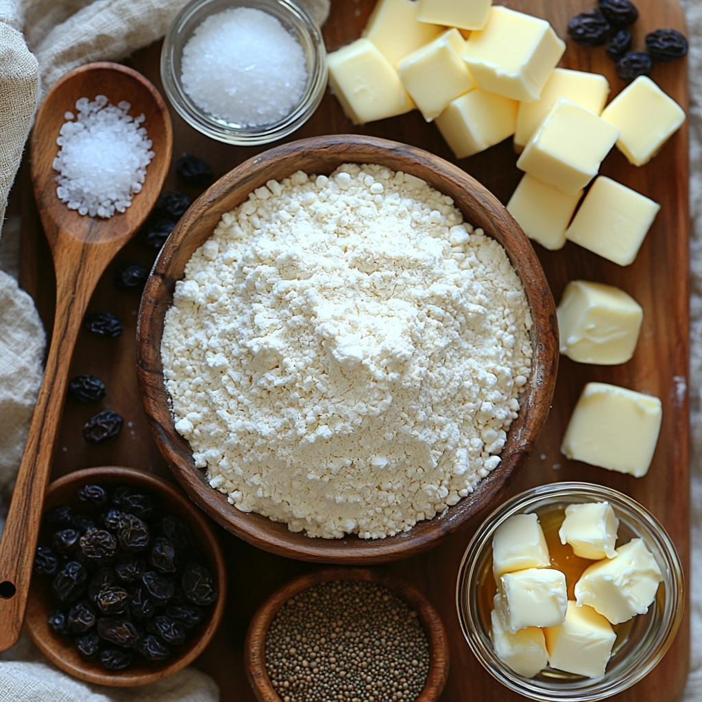 a clean, bright kitchen surface with all main ingredients for Irish soda bread artfully arranged in a balanced flat lay: a rustic mound of all-purpose flour with a light dusting scattered nearby, a small glass bowl of golden raisins, a small pile of light brown caraway seeds, a vintage wooden spoon holding fine salt, a small ceramic dish with fresh white baking soda powder, a clear measuring cup filled with cold, creamy buttermilk showing smooth texture, a few small cubes of cold unsalted butter glistening with softness, and a tiny bowl of golden honey with a subtle sheen. The colors contrast warmly with off-white flour and creamy buttermilk, light tan butter, rich amber honey, and speckled dark raisins on a neutral linen cloth textured background. Natural soft morning light casts gentle shadows, enhancing the textures of powdered flour and glistening butter. Minimal rustic props like an old wooden scoop and linen napkin complete the styled composition. overhead shot, top down view, flat lay photography, professional food styling --ar 1:1 --q 2 --s 750 --v 6.1