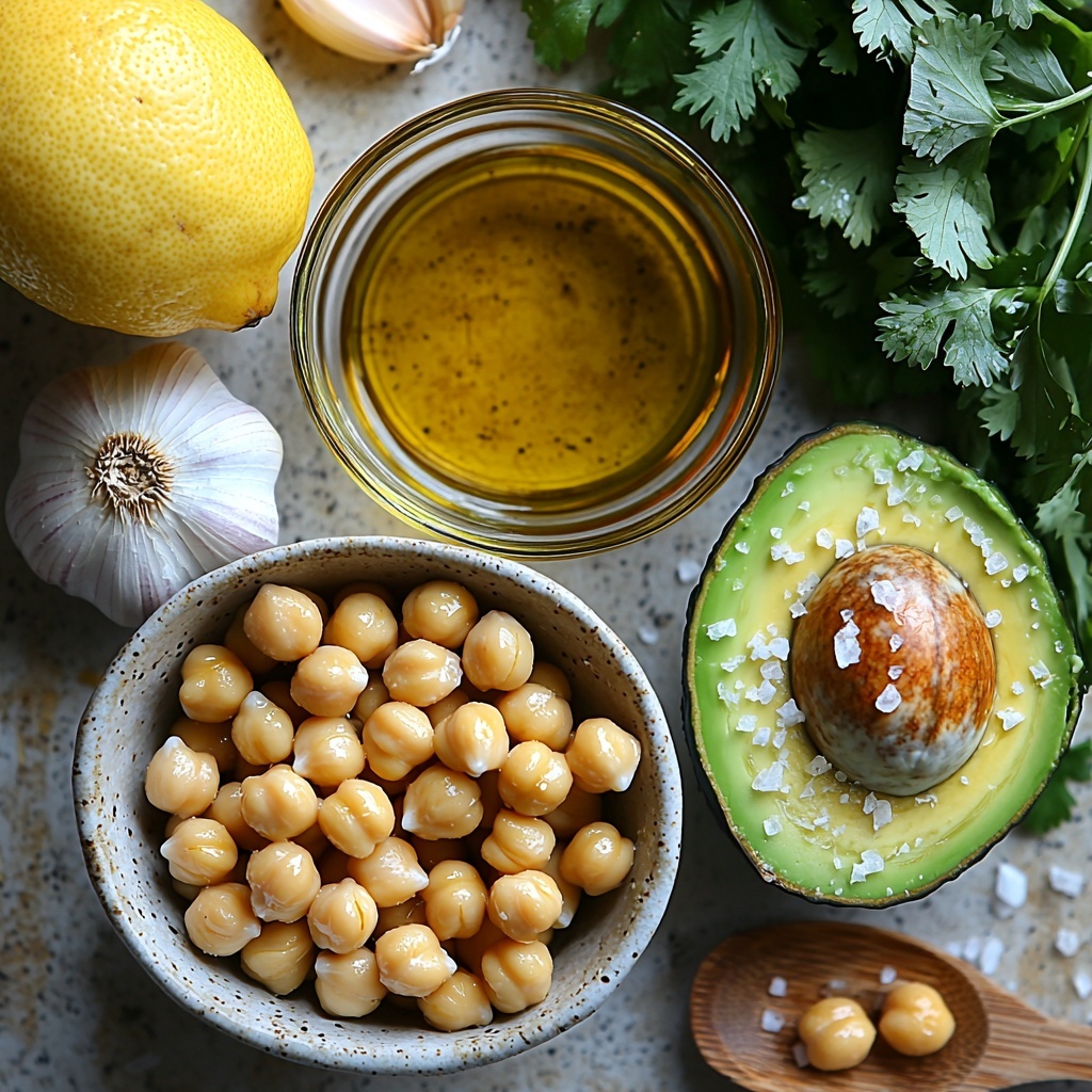 chickpeas in a small white bowl, creamy ripe avocado halved showing bright green flesh and seed removed, a small glass bowl of smooth tahini paste, a lemon cut in half with bright yellow juicy interior, two garlic cloves peeled with smooth white texture, a small rustic bowl of golden olive oil, a sprinkle of coarse salt crystals on a wooden spoon, fresh vibrant green cilantro sprigs scattered artistically, all arranged neatly on a clean matte white surface with soft natural lighting highlighting the contrasting colors and textures, delicate shadows adding depth and dimension, minimalistic and elegant styling, overhead shot, top down view, flat lay photography, professional food styling --ar 1:1 --q 2 --s 750 --v 6.1