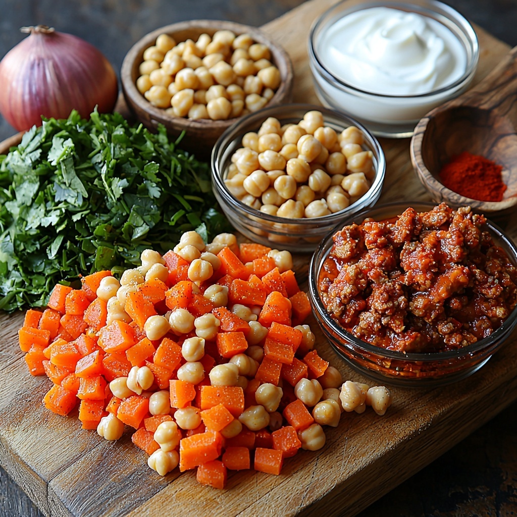 chickpeas in a small rustic bowl, raw lamb mince shaped loosely on a wooden board, finely chopped onion piled neatly, two peeled and chopped bright orange carrots arranged side by side, minced garlic cloves on a small white ceramic dish, vibrant green roughly chopped spinach scattered loosely, a shiny tin of crushed tomatoes opened with rich red tomato paste spoon on the side, assorted spices artfully sprinkled in small bowls or piles: cumin powder, coriander powder, paprika, cardamom powder, cinnamon powder, cayenne pepper, black pepper, salt with varying shades of browns, reds, and creams, two tablespoons of golden olive oil in a clear glass container, fresh chopped coriander leaves arranged like a small bouquet, a small bowl of creamy plain yoghurt or sour cream with a soft texture, all elements placed on a clean, smooth light wooden surface with natural diffuse lighting, subtle shadows enhancing textures, minimalistic and organized with harmonious color contrasts, earth tones mixed with vibrant reds and greens, a few rustic wooden spoons and measuring spoons included for a storytelling touch, overhead shot, top down view, flat lay photography, professional food styling --ar 1:1 --q 2 --s 750 --v 6.1