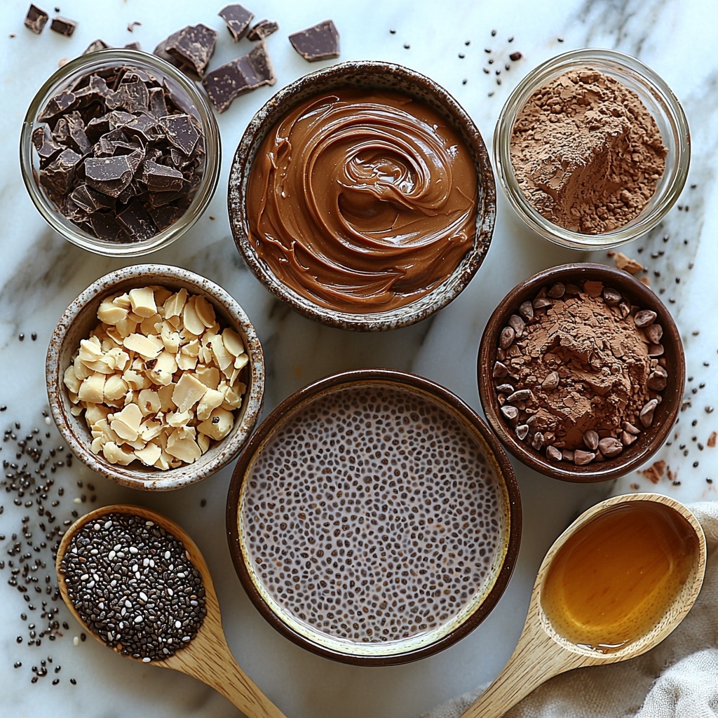half cup chia seeds in a small transparent glass bowl showing their tiny black and white speckled texture, two cups unsweetened non-dairy milk in a clear measuring jug with a smooth, creamy off-white surface, quarter cup natural peanut butter in a rustic ceramic dish with swirled rich golden-brown glossy texture, three tablespoons unsweetened cocoa powder in a matte black bowl with fine dark brown powder, one to two tablespoons amber maple syrup or honey in a tiny glass container catching the light with sticky, translucent sheen, one teaspoon vanilla extract in a small bottle with pale golden liquid, optional scoop of chocolate protein powder in a white porcelain scoop showing deep brown powder with fine texture, all ingredients carefully spaced and arranged on a clean, white marble surface with soft natural daylight creating gentle shadows, minimalistic styling with wooden spoons and a linen napkin for warmth, some scattered chia seeds and a few cocoa powder dustings adding casual touches, overhead shot, top down view, flat lay photography, professional food styling --ar 1:1 --q 2 --s 750 --v 6.1