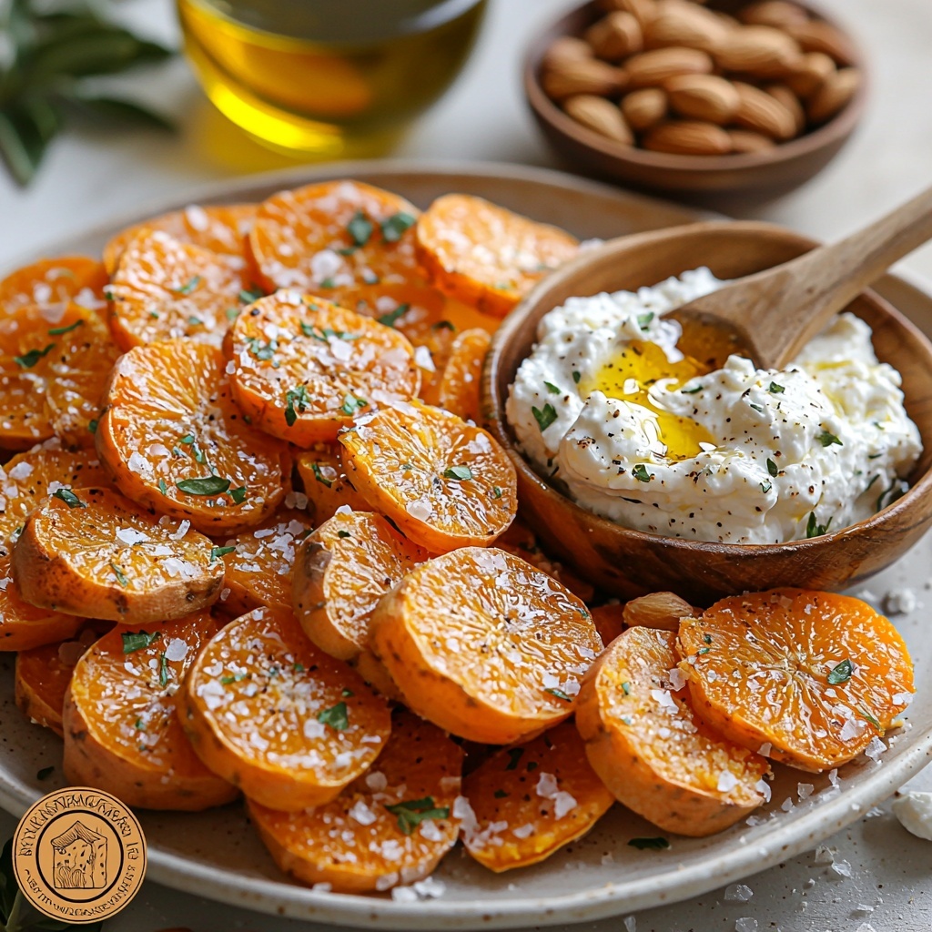 4 medium roasted sweet potatoes with golden-orange skin, a small bowl of creamy white ricotta cheese mixed with bright orange zest flecks, a wooden spoon drizzling golden honey or amber maple syrup, a small dish of toasted sliced almonds showing their warm brown hues and crunchy texture, a fresh whole orange with a few zest curls artfully scattered, a small glass bowl of olive oil reflecting soft light, a pinch of coarse salt crystals sprinkled on a clean white or light neutral surface; ingredients thoughtfully spaced to showcase contrasting colors and textures with natural, soft directional lighting highlighting the creamy, crunchy, and vibrant elements; shadows soft and minimal for a fresh, inviting feel; minimalist styling with subtle props like linen napkin edges or rustic wooden board accents -- overhead shot, top down view, flat lay photography, professional food styling --ar 1:1 --q 2 --s 750 --v 6.1
