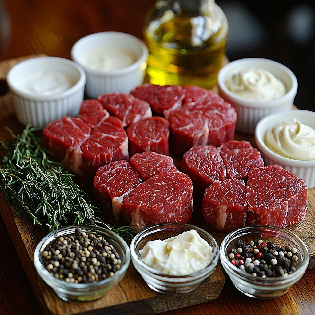 garlic cloves minced in a small bowl, fresh bright green chopped rosemary and thyme leaves scattered loosely nearby, coarse kosher salt crystals and freshly ground black peppercorns in tiny white ceramic dishes, a whole trimmed and tied raw beef tenderloin cut into thick 2-inch sections, deep rich red with marbled fat, a small glass bowl of golden olive oil glistening under soft light, creamy white sour cream and pale mayonnaise in separate glass ramekins, a small bowl of creamy horseradish sauce with visible chopped fresh chives adding vibrant green flecks, rustic wooden surface with natural wood grain partially visible under a clean white linen napkin, ingredients arranged neatly with balanced spacing and gentle shadows to emphasize textures and freshness, soft natural lighting highlighting the colors and contrasts, minimalistic and elegant styling for a fresh, clean culinary feel, overhead shot, top down view, flat lay photography, professional food styling --ar 1:1 --q 2 --s 750 --v 6.1