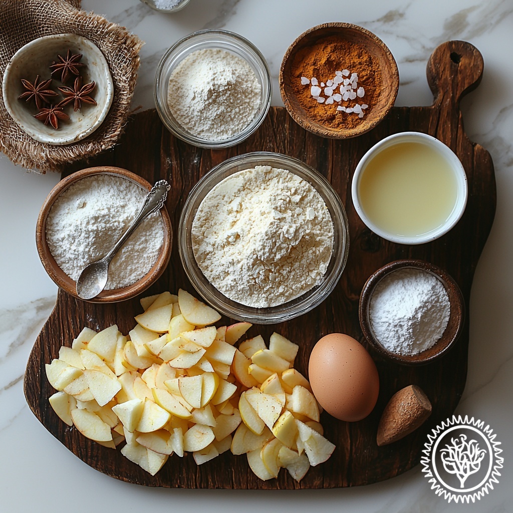 A clean white marble surface with all the main ingredients for mini apple fritter waffle donuts neatly arranged in a visually balanced flat lay: a small clear glass bowl of all-purpose flour with a silver teaspoon on the side, a tiny wooden bowl containing ground cinnamon, another small bowl with ground nutmeg, a small heap of granulated sugar directly on the surface, a vintage measuring spoon holding baking powder, a pinch of table salt in a delicate ceramic dish, a tablespoon of cornstarch in a white porcelain spoon; a single large brown egg cracked open in an eggshell half resting nearby; a small glass measuring cup filled with creamy milk; a small clear bowl with golden vegetable oil; freshly shredded pale yellow-green apples heaped loosely on a rustic wooden cutting board; a ceramic bowl filled with bright white powdered sugar for the glaze; a tiny glass cup with milk for the glaze; a miniature dish with translucent vanilla extract; and a small white dish with a cinnamon sugar mixture showing fine texture; soft natural light illuminating the ingredients, casting gentle shadows, highlighting the varied textures from powdery to wet and fresh, styled with rustic kitchenware and a wooden spoon placed diagonally as a visual anchor, emphasizing warmth and homely comfort, slight overhead angle ensuring all items are clearly visible and inviting for baking — overhead shot, top down view, flat lay photography, professional food styling --ar 1:1 --q 2 --s 750 --v 6.1