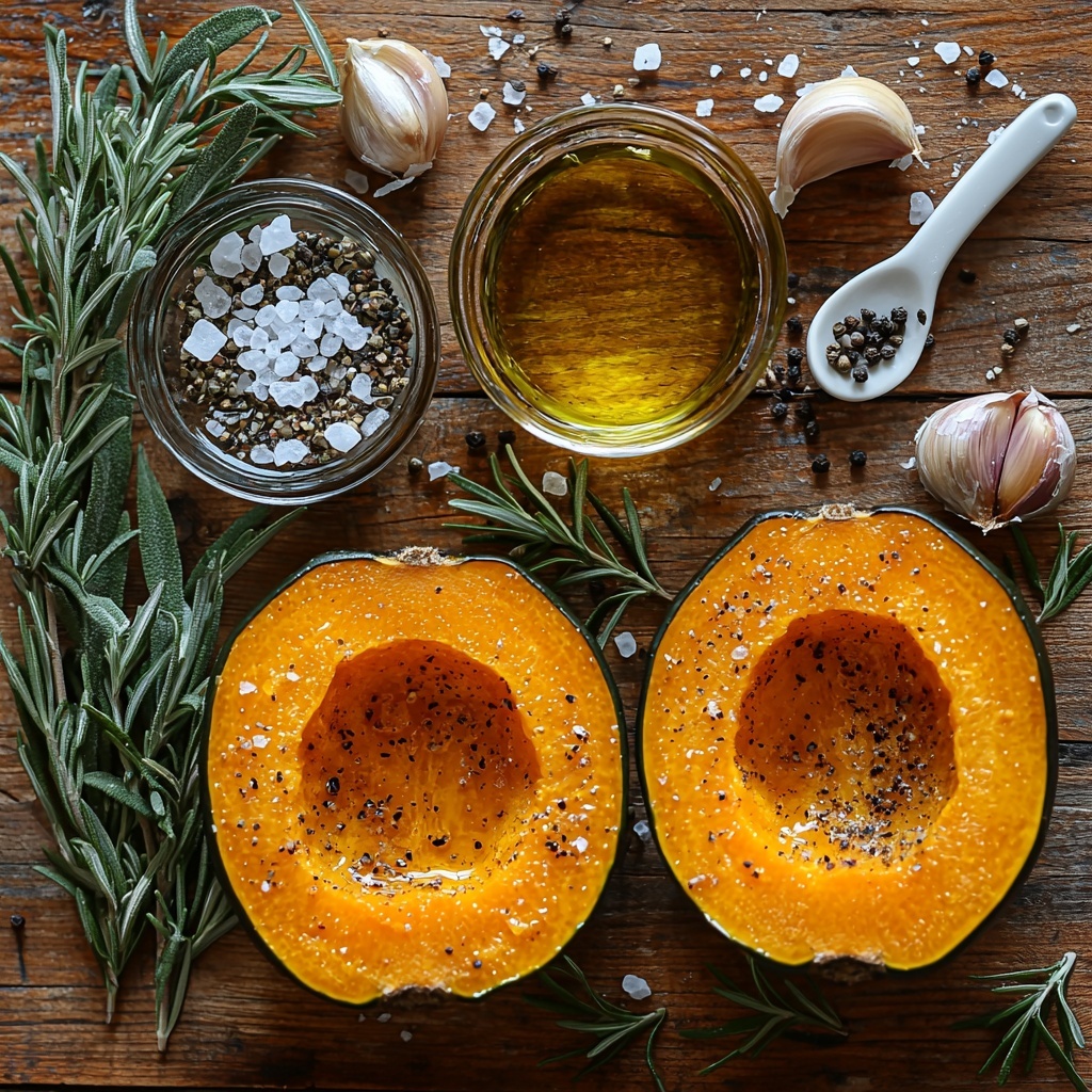 A clean, light wooden surface laid out with the main ingredients for roasted kabocha squash: a medium kabocha squash cut in half showing its deep orange flesh and greenish-gray rind, a small glass bowl of golden olive oil glistening under soft light, two peeled garlic cloves partially minced with a small knife nearby, a bundle of fresh rosemary sprigs with vibrant dark green needles, fresh thyme stems with tiny light green leaves scattered loosely, and small piles of coarse salt and cracked black pepper arranged neatly on a white ceramic spoon. The composition balances rich autumnal orange tones of the squash with fresh herbal greens and natural wood, highlighting the varied textures from smooth oil to rough herbs and the matte matte garlic surfaces. Soft natural daylight casts gentle shadows, enhancing the depth without harsh contrasts. Elements are spaced thoughtfully to create visual harmony and inviting warmth, styled with minimal props to keep focus on freshness and simplicity. overhead shot, top down view, flat lay photography, professional food styling --ar 1:1 --q 2 --s 750 --v 6.1