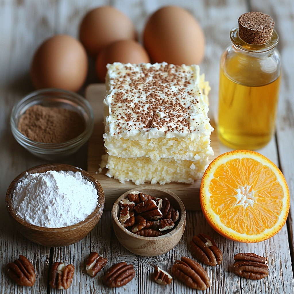 yellow cake mix box, instant vanilla pudding mix package, small bowl of creamy sour cream, four large brown eggs, glass measuring cup with golden vegetable oil, small glass bottle of vanilla extract, fresh orange with bright peel and zest, small bowl of chopped pecans, small mound of light brown sugar, small bowl of warm brown ground cinnamon, bowl of white powdered sugar, half orange cut open showing juicy interior, zest sprinkled artfully on surface, all ingredients arranged neatly on a clean white wooden surface with natural soft daylight, subtle shadows enhancing textures, warm and inviting color palette, focus on contrasting textures of powder, nuts, and citrus peel, minimalistic and elegant flat lay styling, slight rustic touch from wooden surface, overhead shot, top down view, flat lay photography, professional food styling --ar 1:1 --q 2 --s 750 --v 6.1