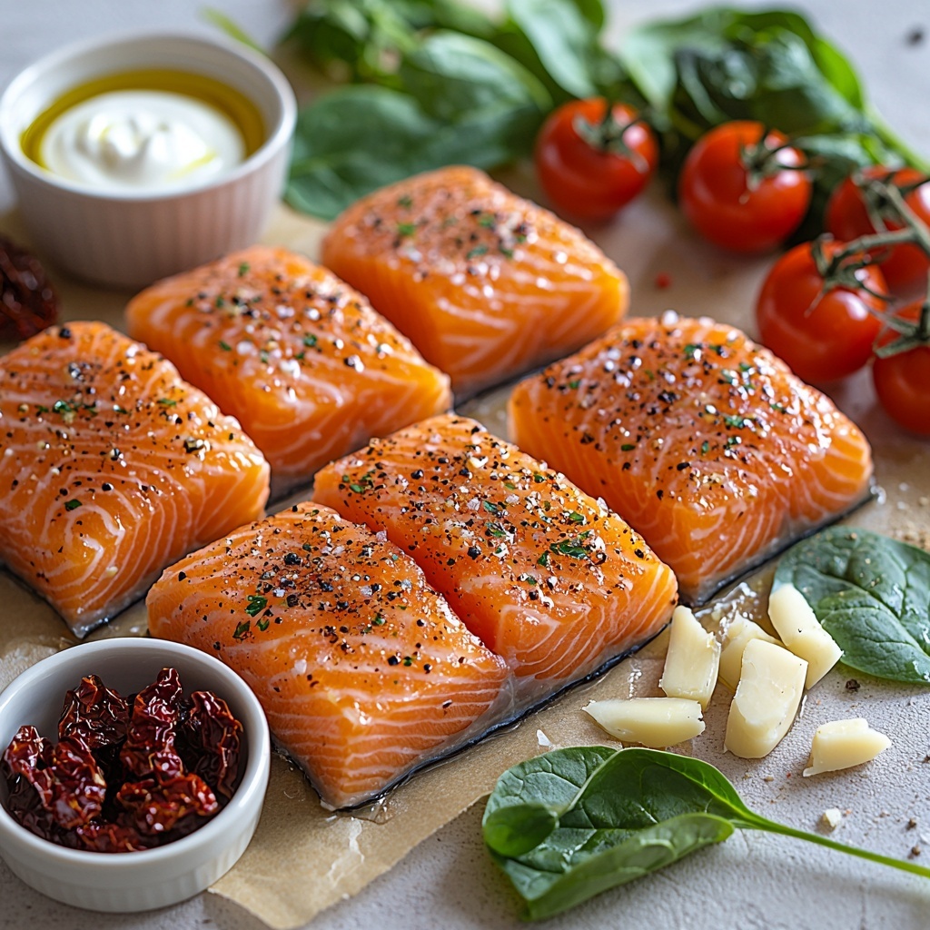 4 fresh salmon fillets with a light sprinkle of salt and pepper, glistening pink flesh visible; a small dish of golden olive oil in a clear glass bowl; three cloves of garlic, peeled and minced, arranged neatly on a white ceramic spoon; a cluster of vibrant red cherry tomatoes with glossy skins, scattered casually; deep red, wrinkled sun-dried tomatoes grouped together; a small white bowl filled with rich, creamy heavy cream; a rustic heap of finely grated pale yellow Parmesan cheese on natural brown parchment paper; a handful of fresh, bright green spinach leaves with visible veins and crisp texture, all meticulously arranged on a clean, bright white surface. The composition is well balanced to showcase color contrast and texture variety, with soft natural lighting highlighting freshness and moisture, subtle shadows adding depth, styled with minimal props to keep focus fully on the ingredients. Overhead shot, top down view, flat lay photography, professional food styling --ar 1:1 --q 2 --s 750 --v 6.1
