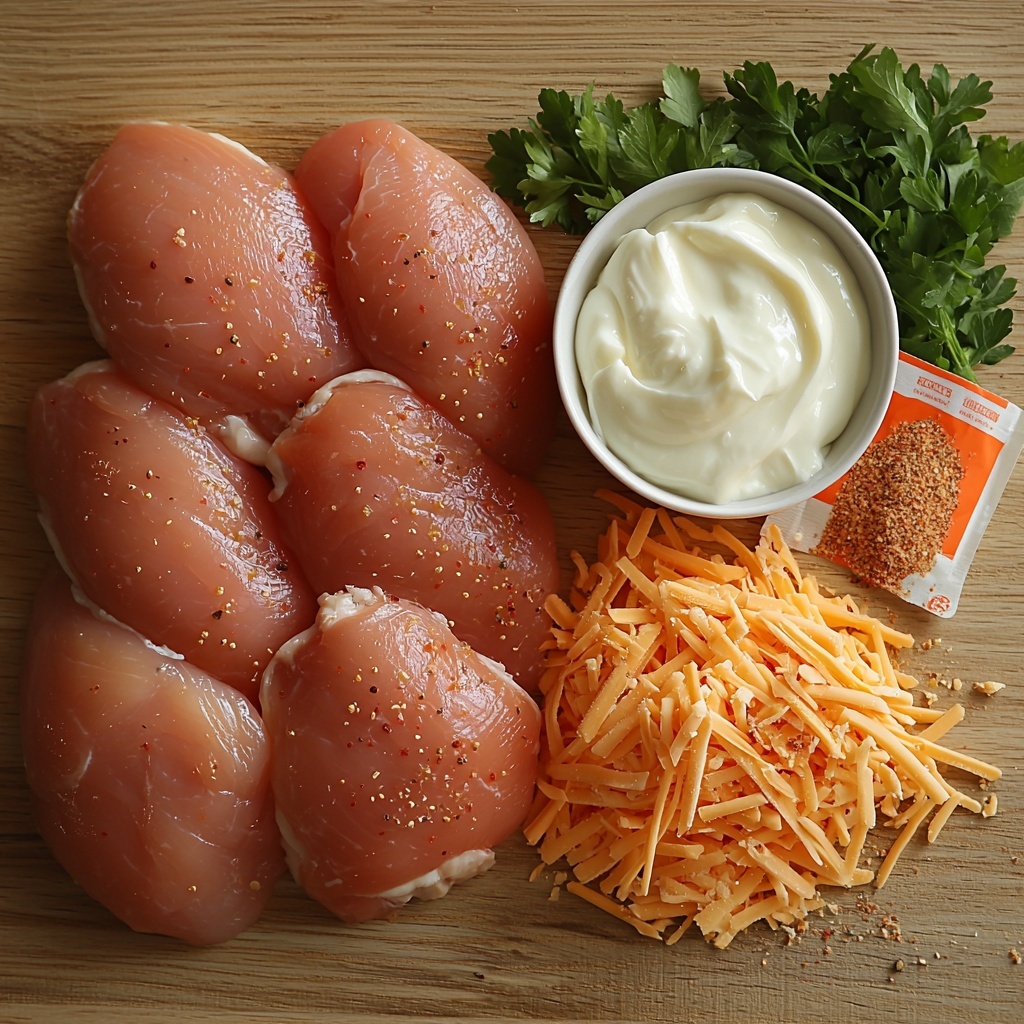 Flat lay photography of 4 raw chicken breasts arranged neatly on a clean, light wooden surface. Next to the chicken, a small white bowl filled with smooth, creamy sour cream, its glossy texture catching the light. Nearby, an open packet of ranch seasoning with some seasoning spilled artistically on the wood, showcasing its fine, powdery texture and speckled herbs. A small pile of shredded cheddar cheese with vibrant orange and yellow hues sits beside the chicken, the shreds loosely scattered to reveal the cheese’s slightly curly texture. Soft natural light highlights the fresh and rich colors, minimal shadows, and a clean, rustic aesthetic. Include a few sprigs of fresh herbs like parsley for a pop of green color and contrast. Overhead shot, top down view, flat lay photography, professional food styling --ar 1:1 --q 2 --s 750 --v 6.1