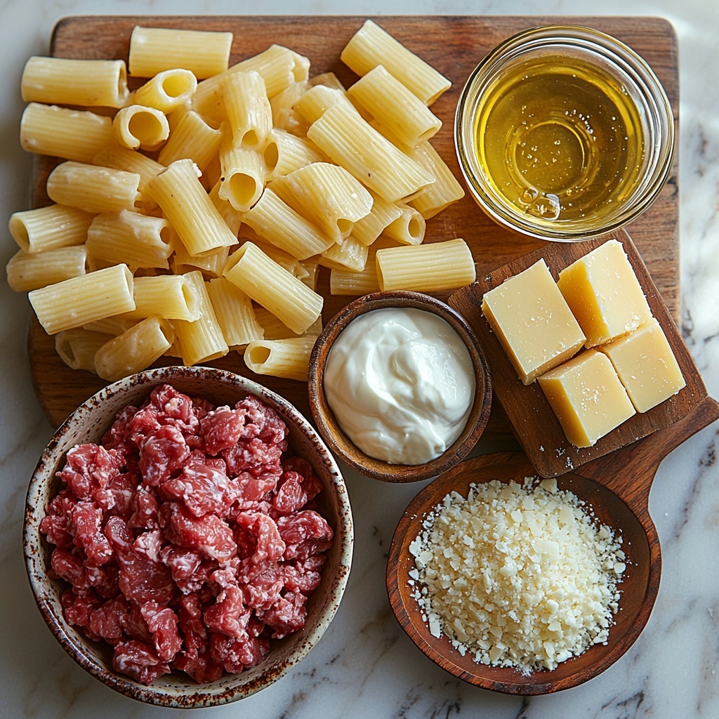 Flat lay of main ingredients for one-pot creamy beef pasta arranged neatly on a clean white marble surface: raw ground beef in a small rustic ceramic bowl showing rich red and marbled textures, uncooked dry pasta (penne or rigatoni) scattered naturally with a few loose pieces and a small wooden scoop, a clear glass measuring cup filled with golden beef broth reflecting light, a small white bowl with smooth heavy cream showing glossy texture, and a small pile of finely grated Parmesan cheese on a wooden board with a few shavings scattered around. Accents of natural light creating soft shadows, warm earthy tones, minimalistic and clean styling with subtle rustic kitchen props like a wooden spoon and linen napkin at edges. Overhead shot, top down view, flat lay photography, professional food styling --ar 1:1 --q 2 --s 750 --v 6.1