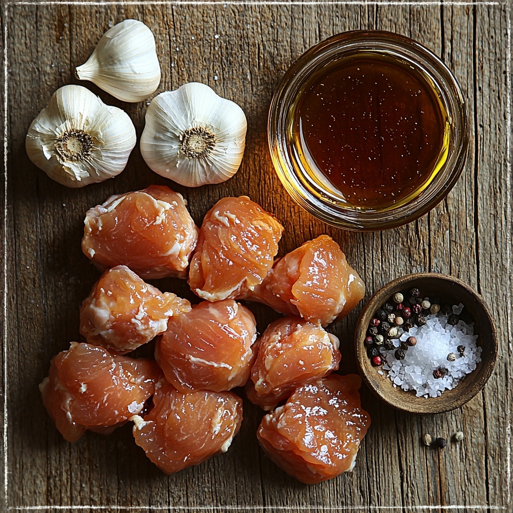 A clean, light wooden surface with raw chicken thighs arranged in a loose semi-circle on one side, their pale pink skin slightly textured and plump. Nearby, a small glass bowl filled with glossy golden honey, catching the light to highlight its smooth, sticky texture. Next to it, a small bowl of dark, rich soy sauce with a shiny surface reflecting the light. Three garlic cloves, some whole and some with papery skins partially peeled, their off-white color contrasting softly against the wood. A small pile of coarse salt crystals and freshly cracked black peppercorns scattered artfully near the chicken. The composition balance emphasizes natural colors and textures—soft pinks, warm golds, deep browns, and creamy whites—set with subtle shadows for depth. The overall styling is minimalist and fresh, with a clean, airy feel that draws the eye across the ingredients. Overhead shot, top down view, flat lay photography, professional food styling --ar 1:1 --q 2 --s 750 --v 6.1